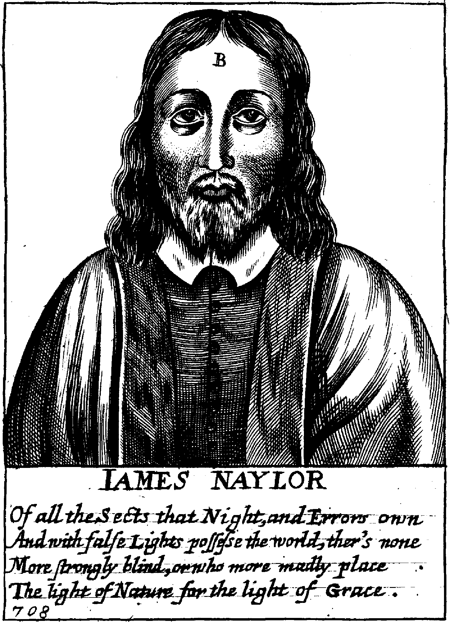 An engraved portrait of James Naylor including the “B” branded onto his forehead.