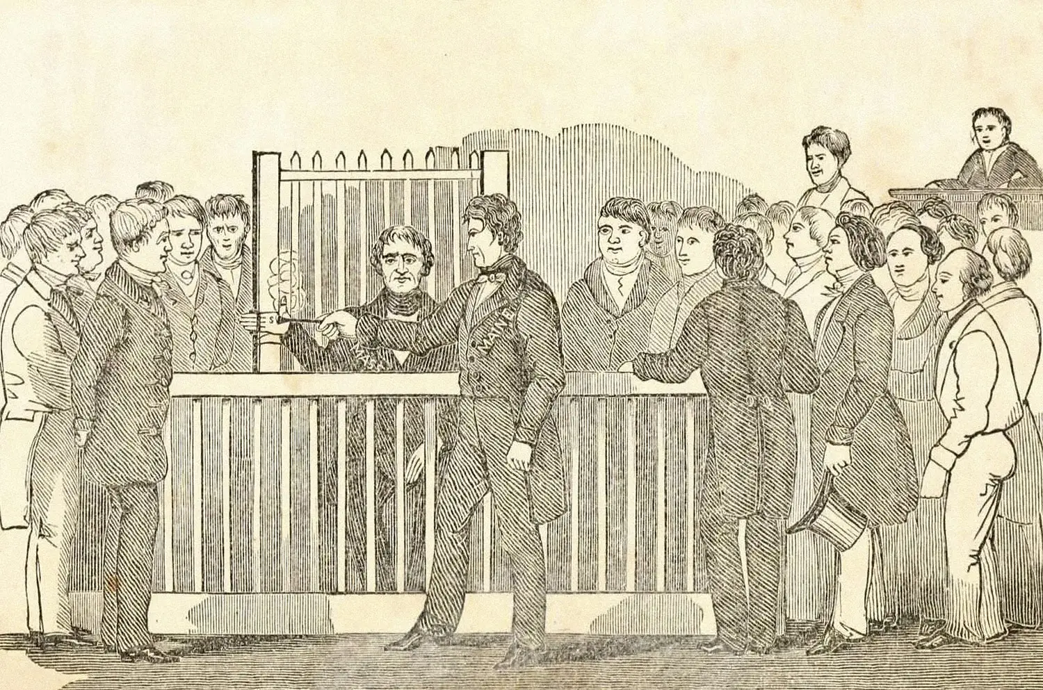 A crowd of spectators watch the branding of Jonathan Walker’s hand.