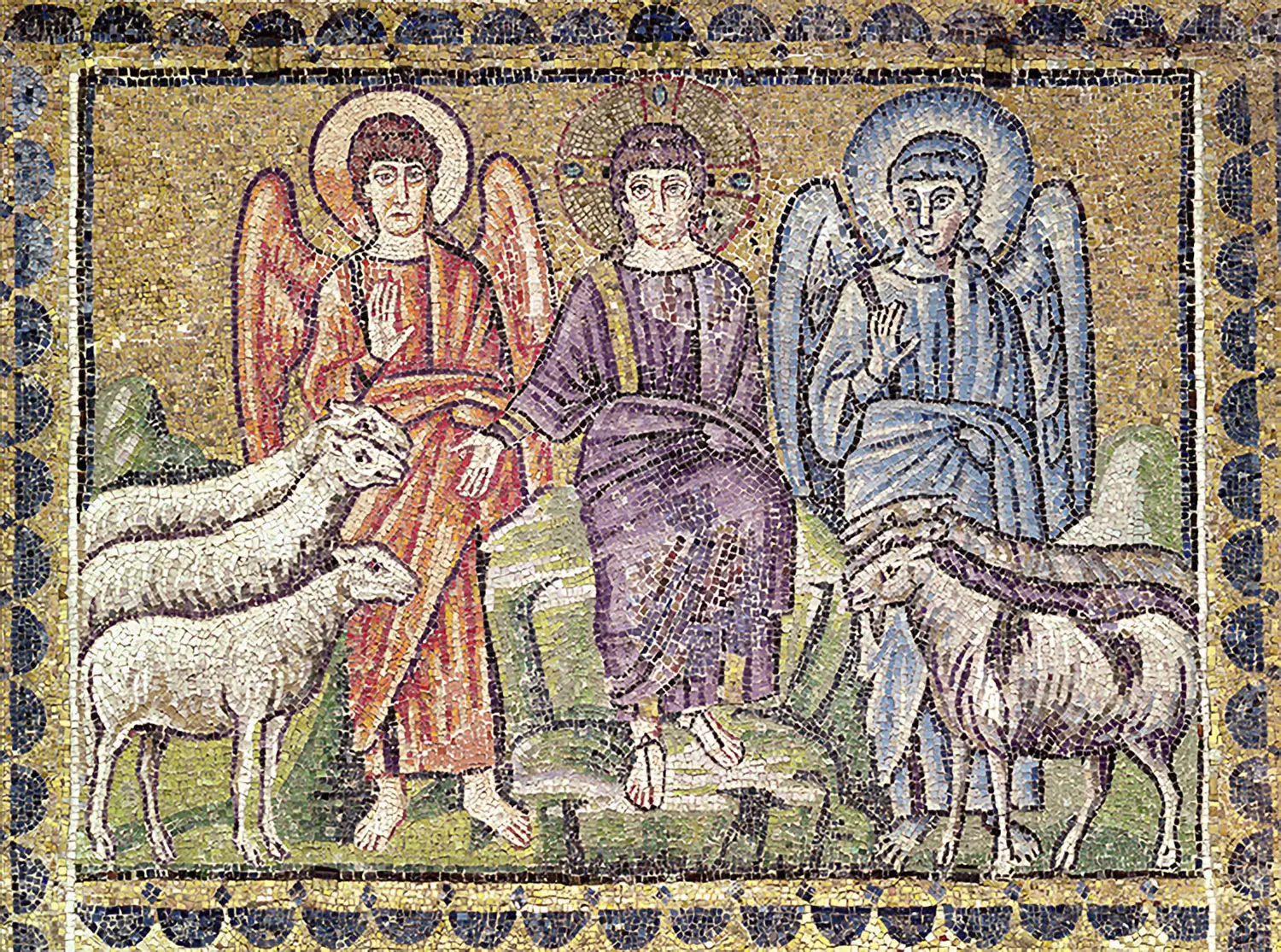 Christ, with angels to his left and right, is setting the sheep to the right of his hand and the goats to the left.