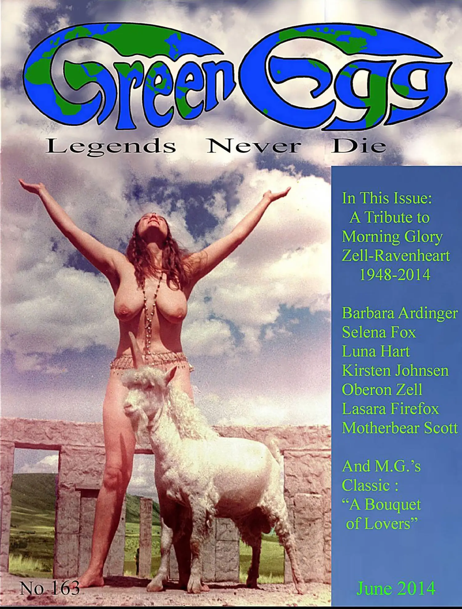 A magazine cover of Green Egg. Morning Glory is standing naked, facing the sky with her arms spread wide. In front of her stands a white goat with a single horn.