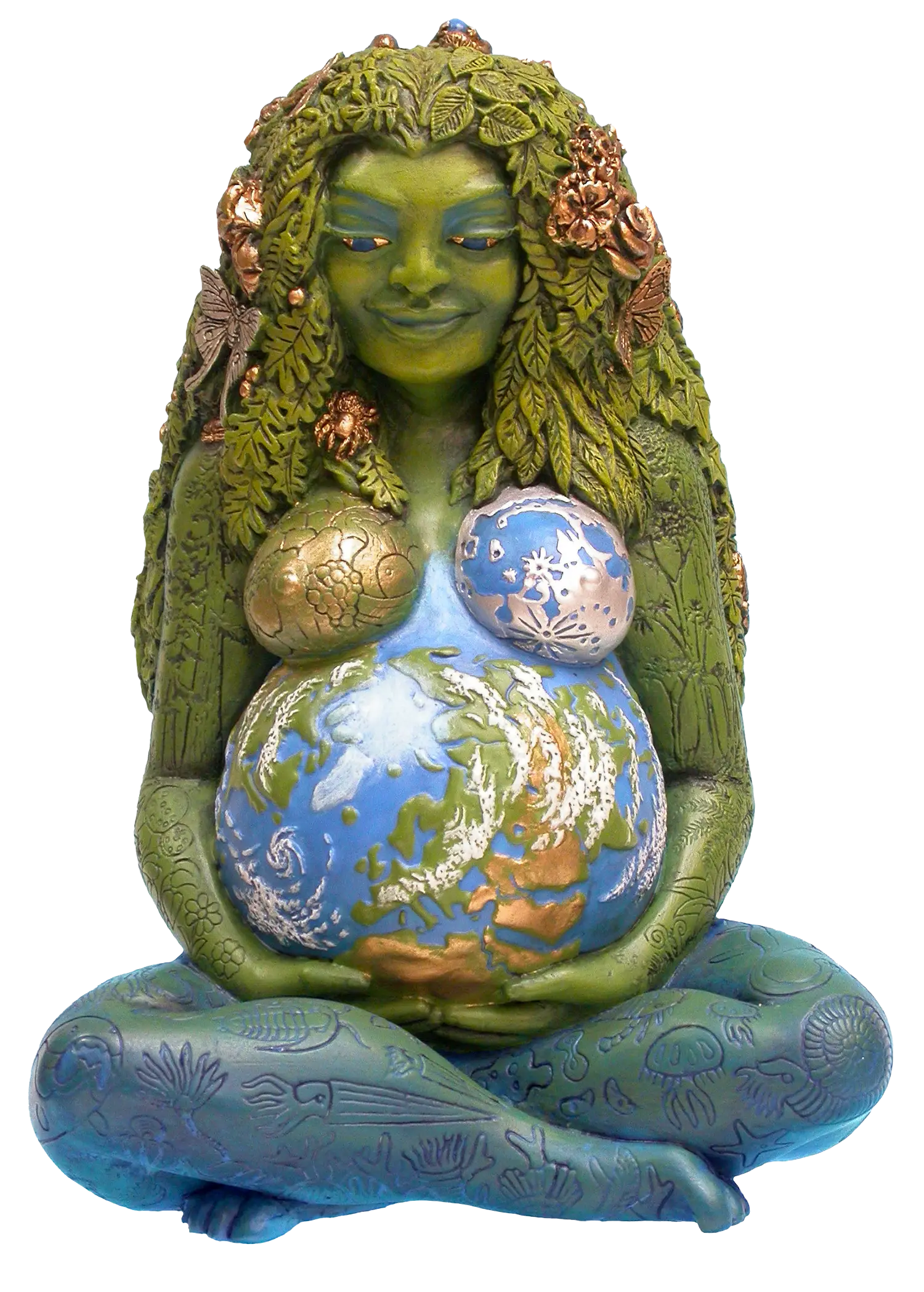 A detailed sculpture of a green-skinned woman who is cradling her belly, the Earth, in her hands. She has cascading leafy hair, and marine life is etched across her legs.
