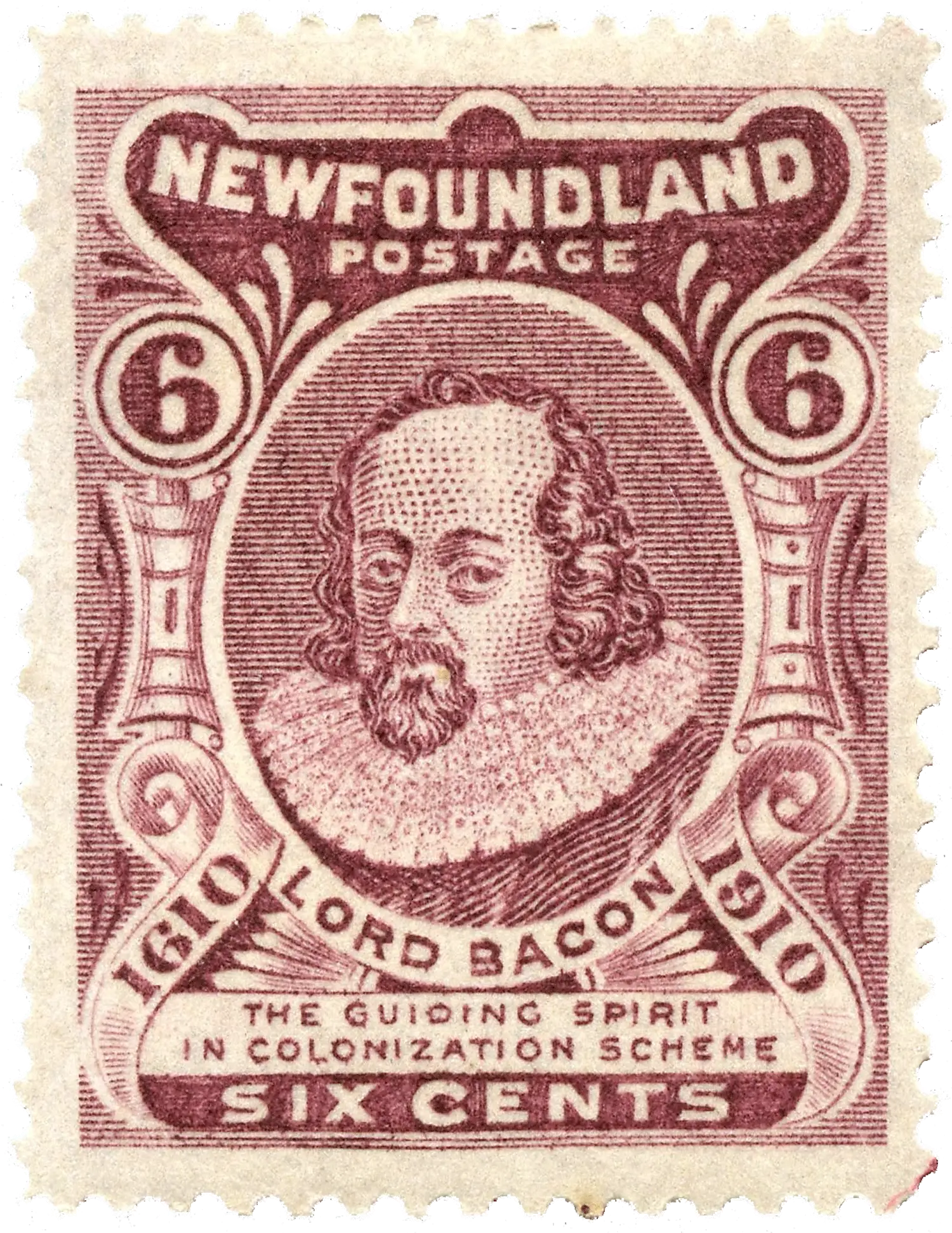 A stamp showing the bust of “Lord Bacon”. It is captioned “the guiding spirit in colonization scheme.” 