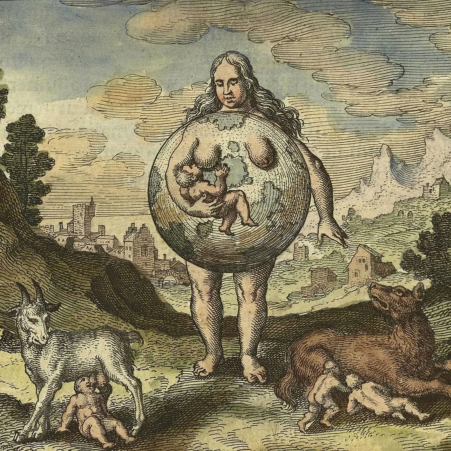 Mother Earth is depicted as a woman with long gray hair and her torso the large sphere of the Earth. She is carrying a baby, which is feeding from her breast. On the ground near her, babies are feeding on a goat and a dog.