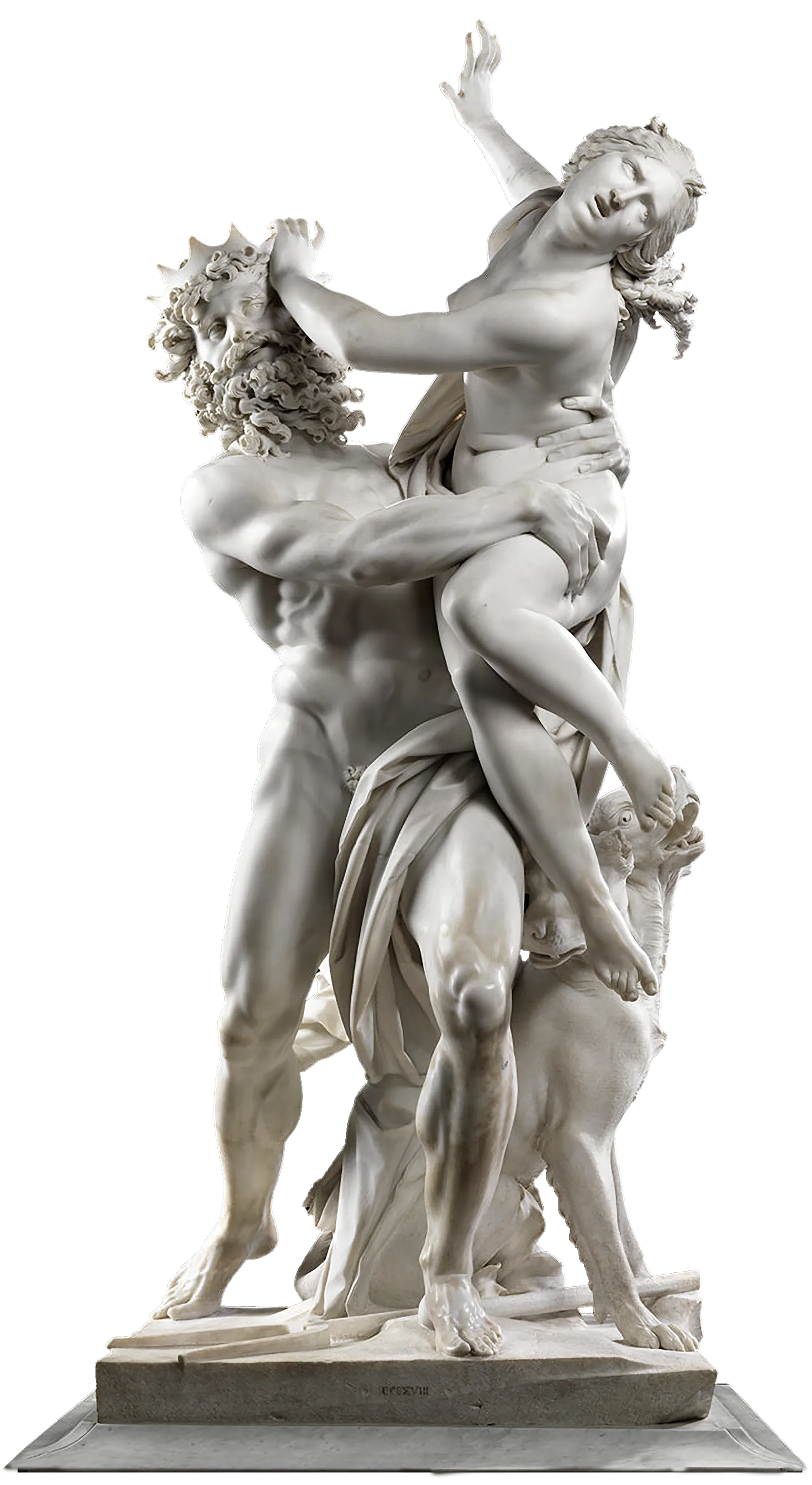 A sculpture depicting the abduction of Proserpina, who is seized and taken to the underworld by the god Pluto. She is held aloft by Pluto and is resisting him by pushing against his face.