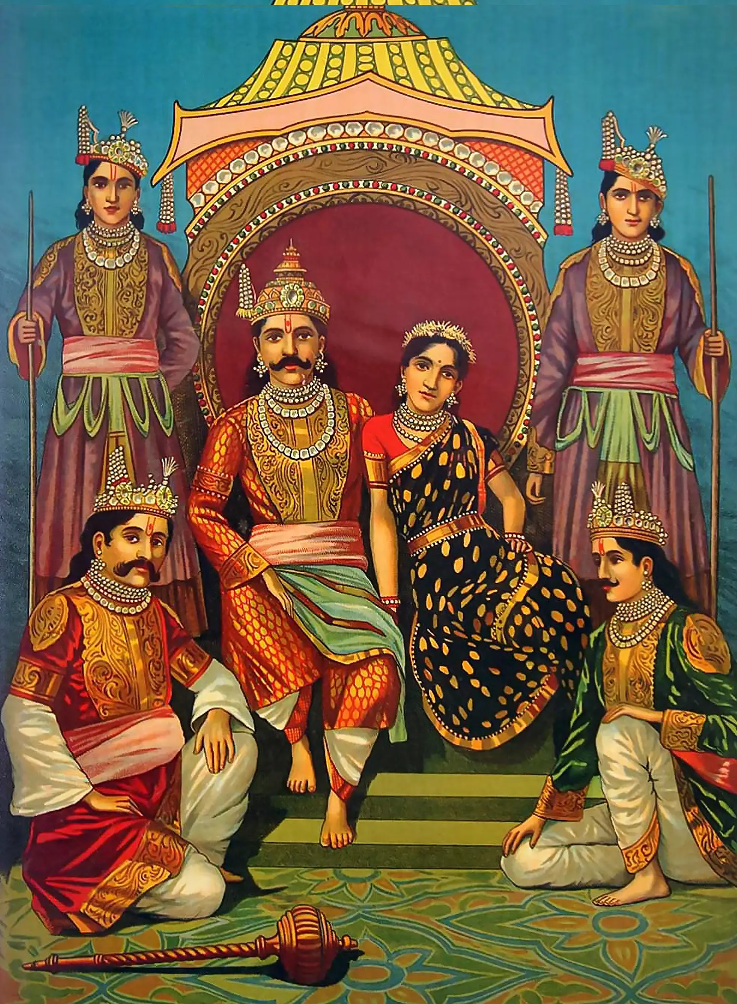 Four Pandava brothers are standing and one is seated in the center, together with Draupadi, their common consort. 