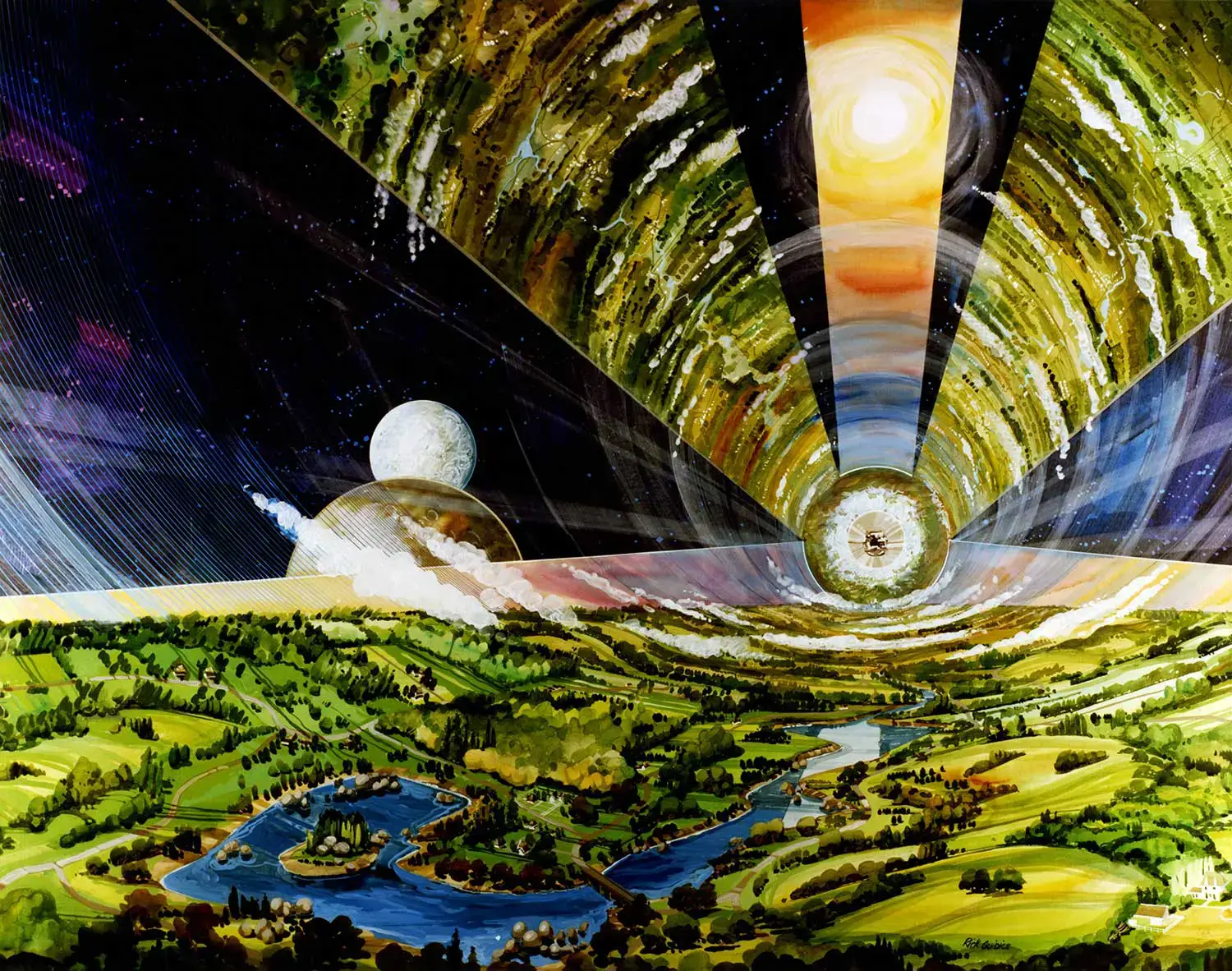 An interior view of a space colony shows river, forest, and countryside wrapped around a cylinder form and vanishing into the distance. In gaps between the “ground” one can see a distant planet and moon.