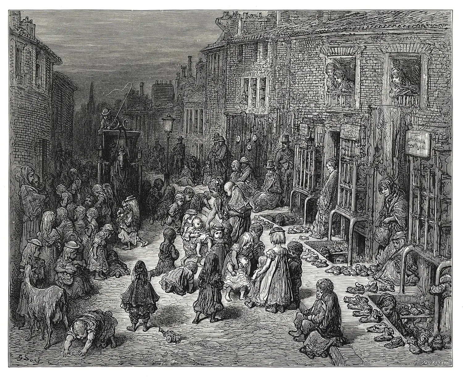 A scene of poverty in Victorian England: The Seven Dials slum is depicted with the streets packed with crowds of men, women, and children. A stage coach is approaching, seemingly unable to navigate the street due to how crowded it is.