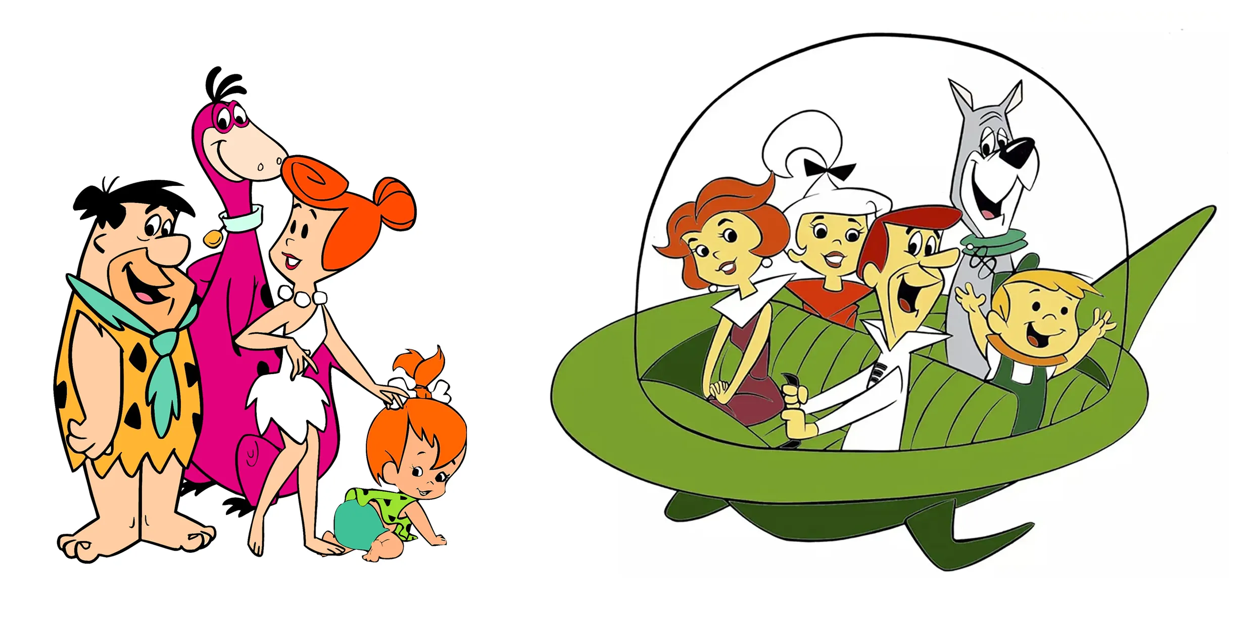 Left: Fred, Wilma and Pebbles Flintstones and their pet dinosaur Dino. Right: Jane, Judy, George, Elroy and their dog Astro in a spaceship.