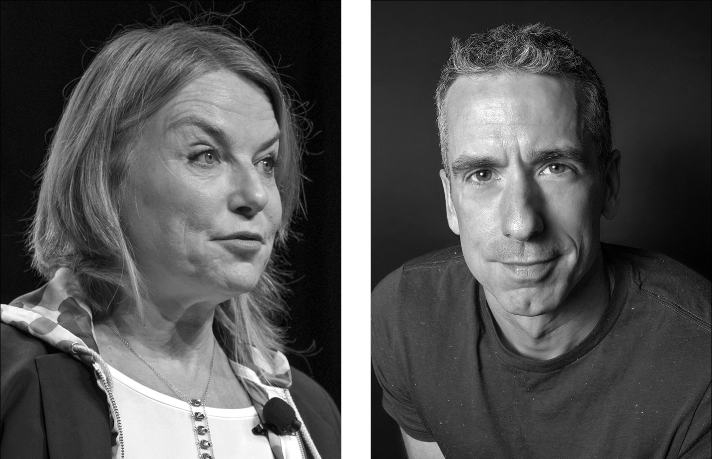 Portraits of Esther Perel and Dan Savage.