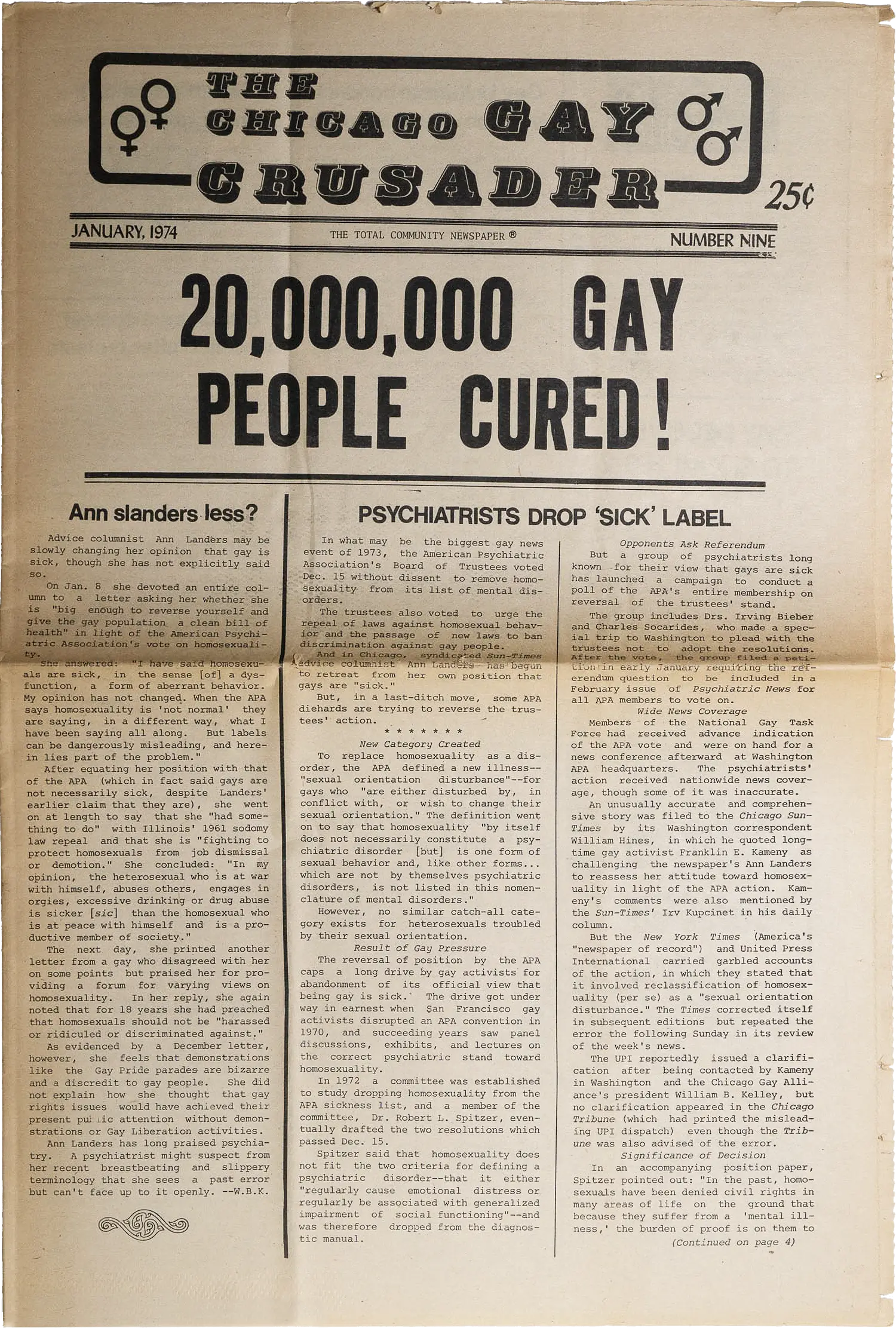 The cover of the Chicago Gay Crusader. The title says “20,000,000 Gay People Cured!” and the subtitle says “Psychiatrists drop ‘sick’ label.”
