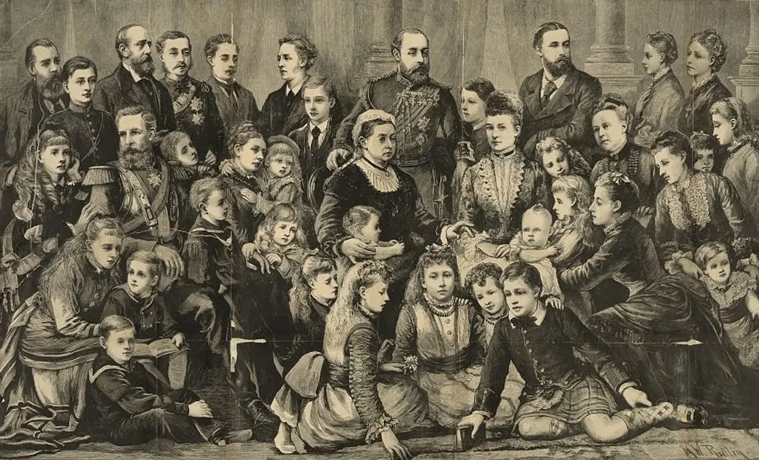 Queen Victoria surrounded by at least 24 children of different ages. Some adults are standing in the background and seated at the periphery.