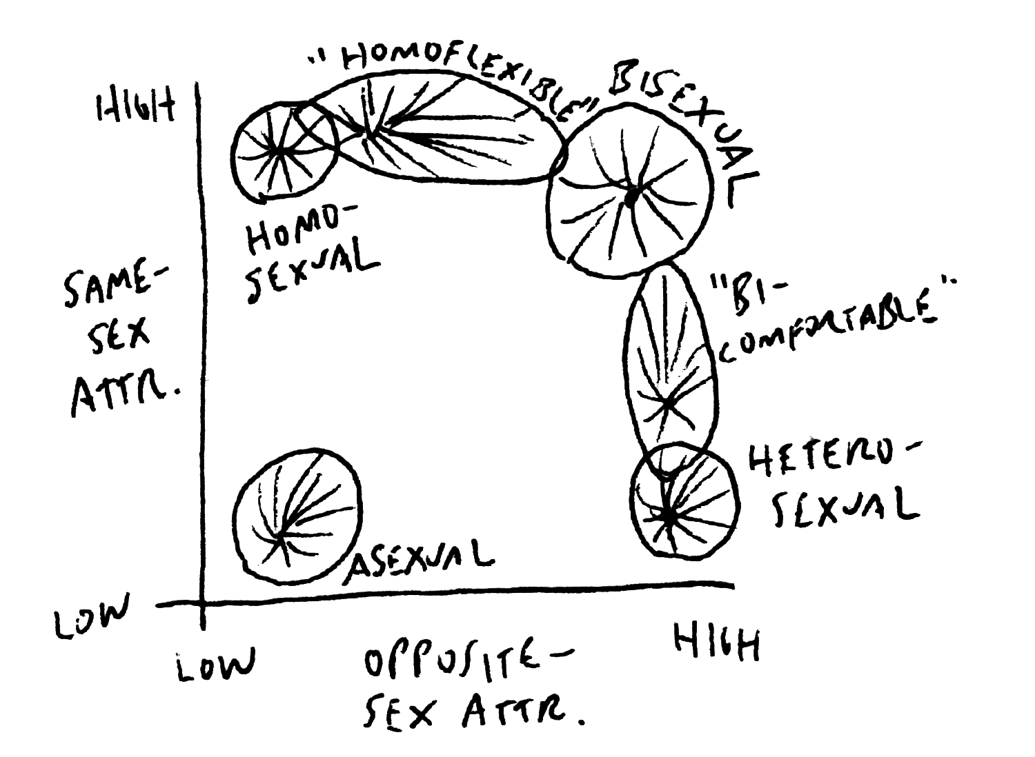 This hand-sketched diagram has two axes, same-sex attraction from low to high, and opposite-sex attraction from low to high. The plot shows the region divided into regions labeled “homoflexible,” “bisexual,” “bi-comfortable,” “heterosexual,” “demi-sexual,” and “asexual,” showing that one can loosely organize various sexual identities across the degree to which a person experiences high or low same- and opposite-sex attraction. It also indicates a spectrum from asexual to demisexual to bisexual along the diagonal.
