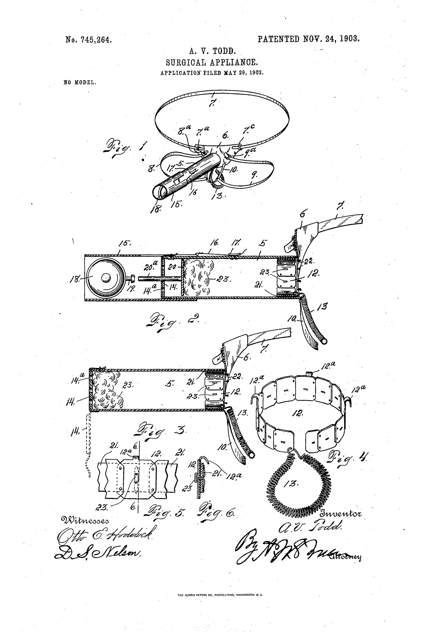 The patent diagram depicts a contraption resembling a belt with an apparatus at the middle of it. The elaborate device seems to contain springs, pins, and spikes. 