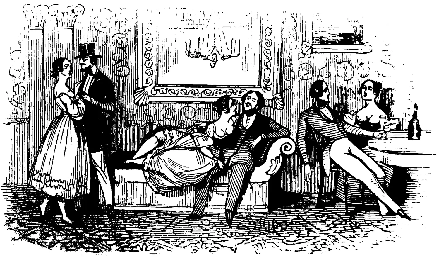 Men and women in Victorian attire dancing and lounging in an opulent room. 