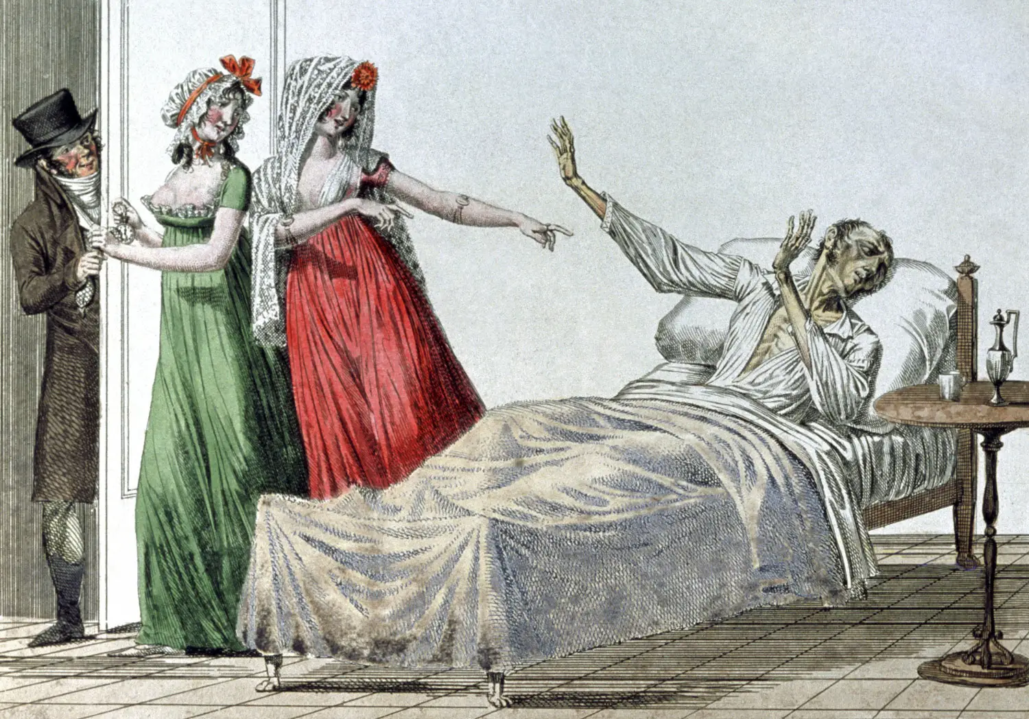 A bedridden, gaunt man stares away in lamentation while raising his arms at two women, faces covered in red pockmarks hinting at disease, who stare back at him and point at him, perhaps with pity or accusation, as they leave the room.