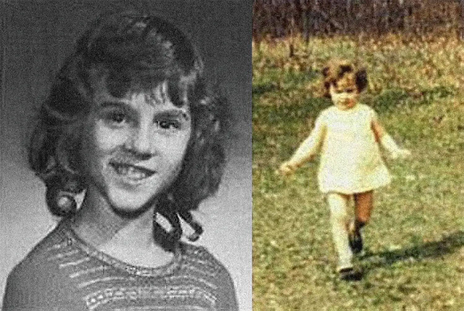Two photographs. One of a studio portrait of young Brenda with shoulder-length hair. The other is a toddler in a dress, walking on a grassy lawn.