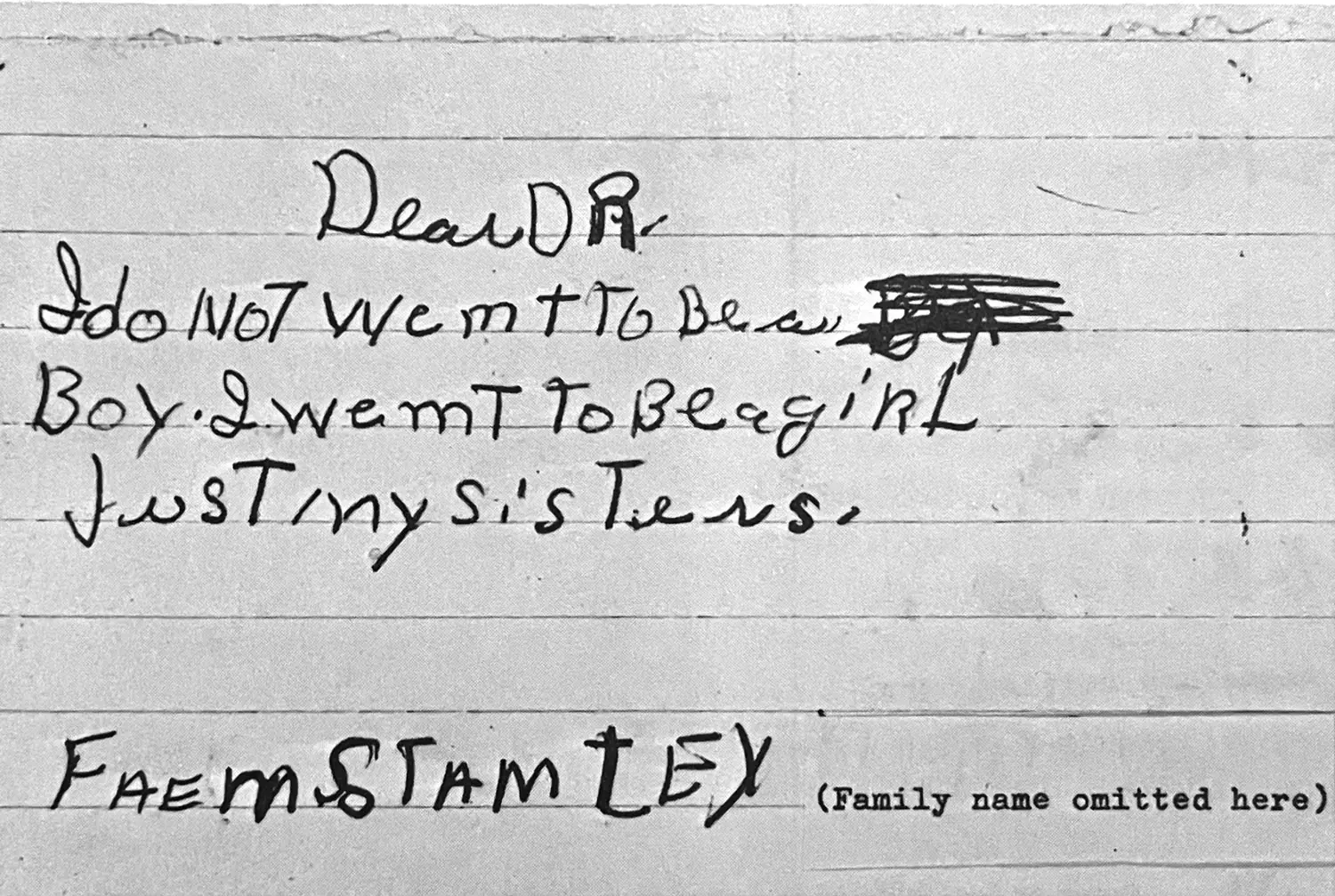 A scan of lined paper upon which is written, in a child’s handwriting: “Dear Dr. I do not want to be a boy. I want to be a girl. Just my sisters. From Stanley.”
