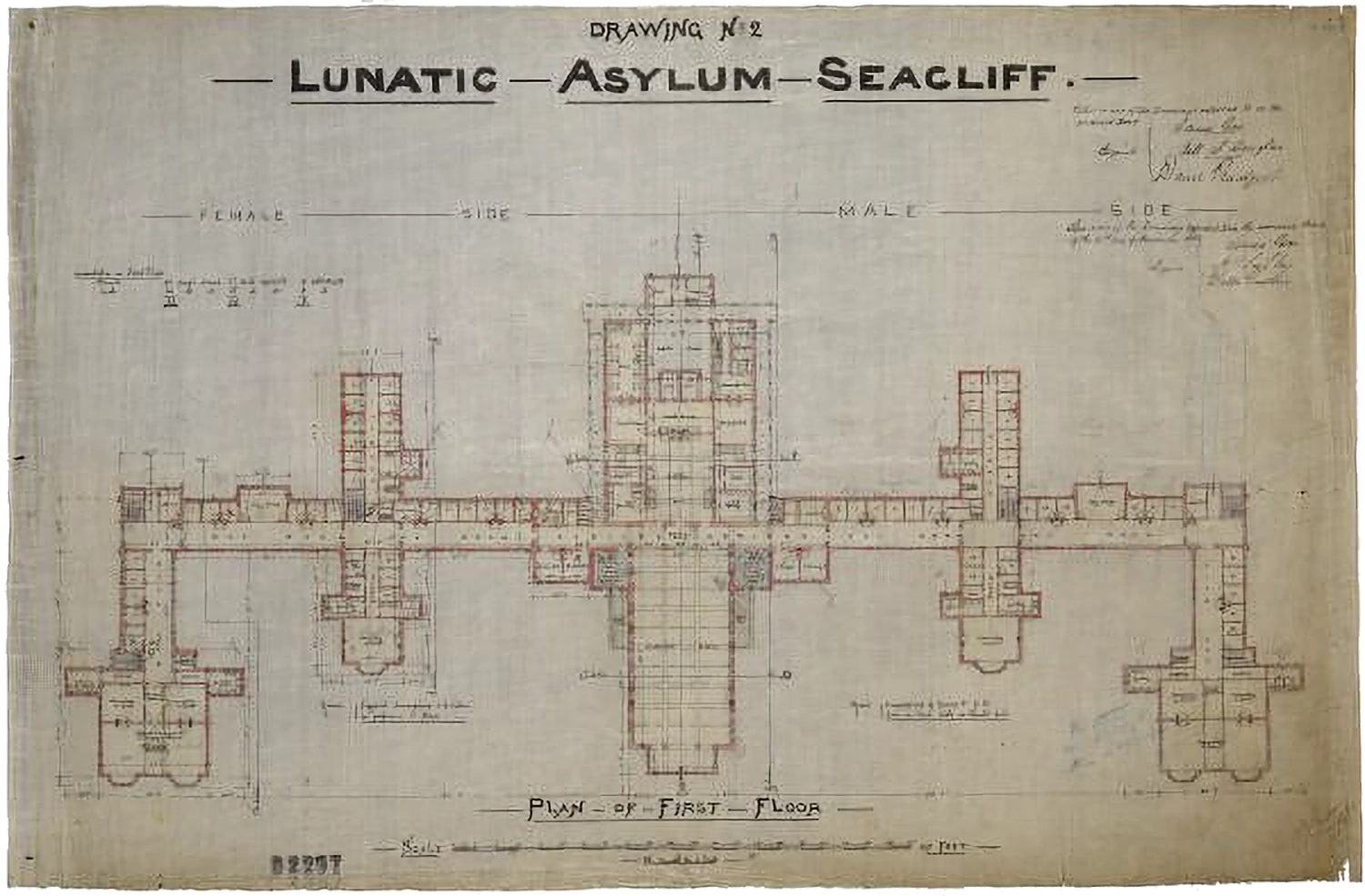 Hand drawn floor plan of the Seacliff Lunatic Asylum.