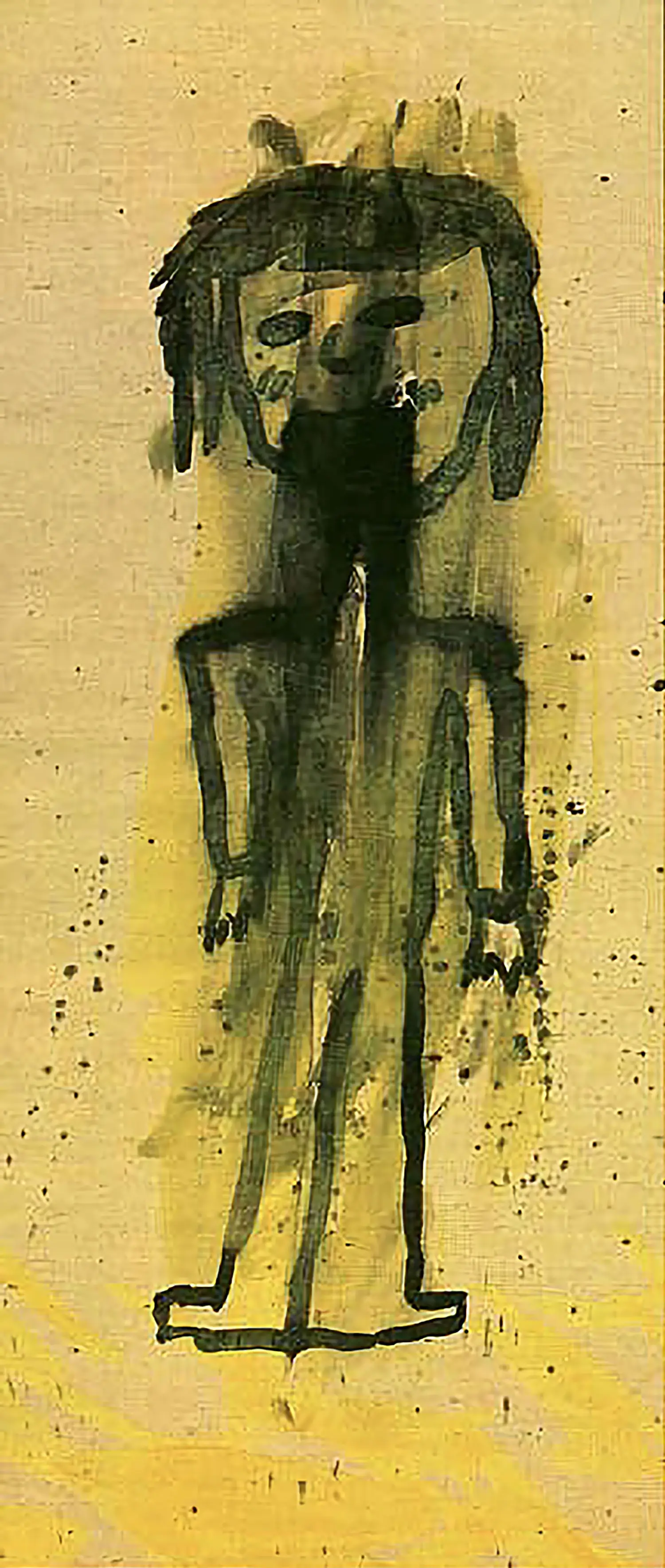 A painting of a child. Dark smears cover the child, partially obscuring the face.