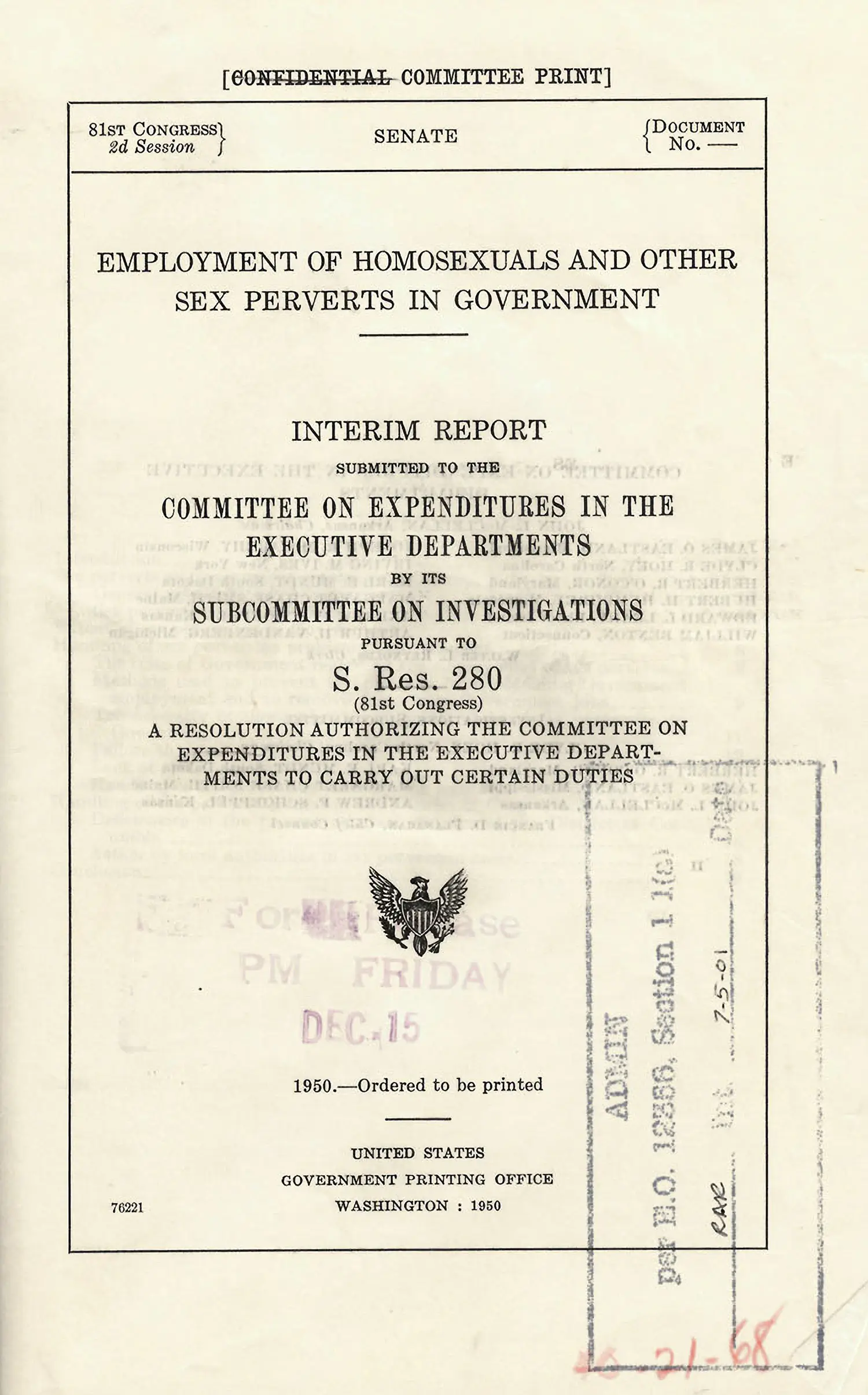 The cover of a senate committee report titled “Employment of Homosexuals and Other Sex Perverts in Government.”