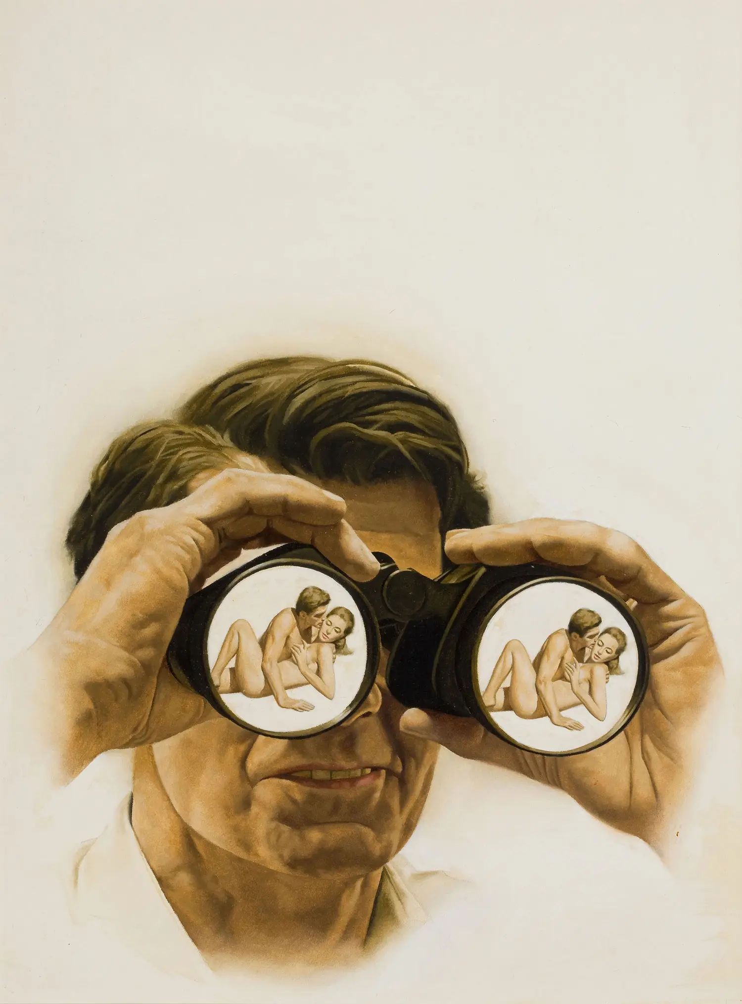 A man appears to be looking through binoculars at a heterosexual couple making love.