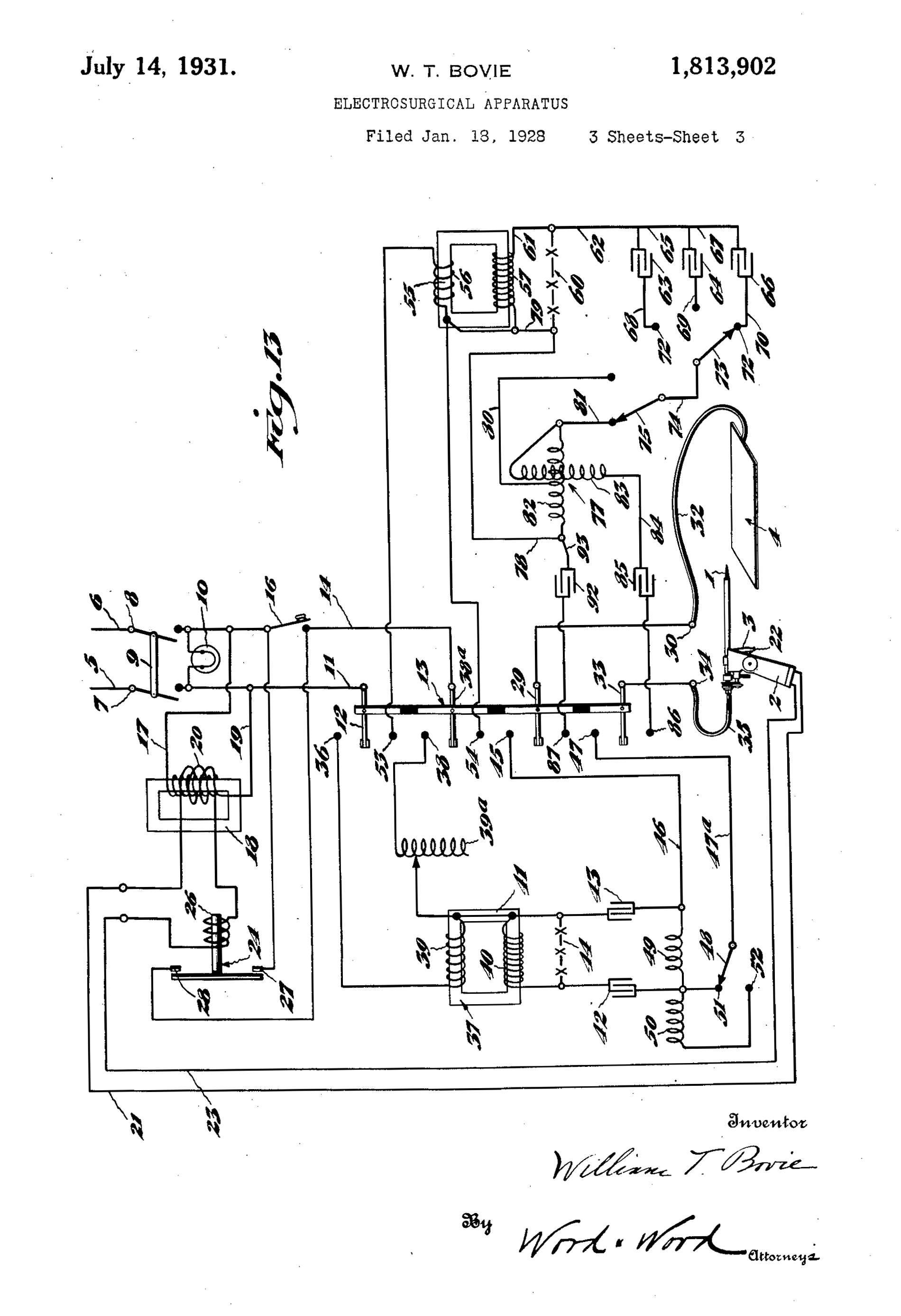 Patent diagram dated July 14, 1931 of an electrocautery surgery device shaped like a handgun. The diagram details the mechanisms and circuitry of the device. 