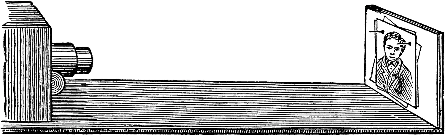 Illustration of a contraption with a camera on the left and on the right a stack of portraits that have been pinned to line up.