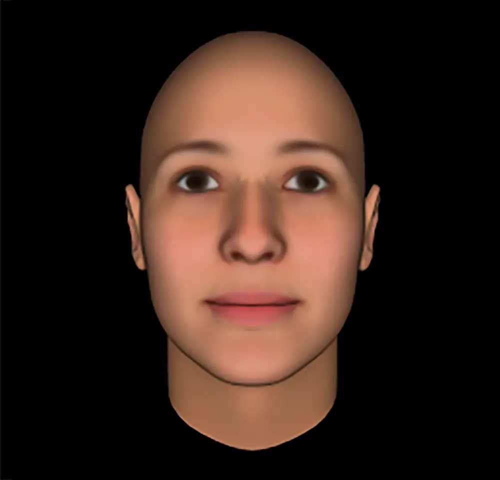 A computer animation of a bald head. The face has feminine features and raised eyebrows and slightly smiling.