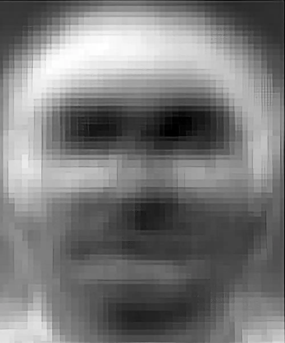 A sequence of four photos showing blurred faces, where facial features are either lightened or darkened in regions like the eye cavities or mouth area.