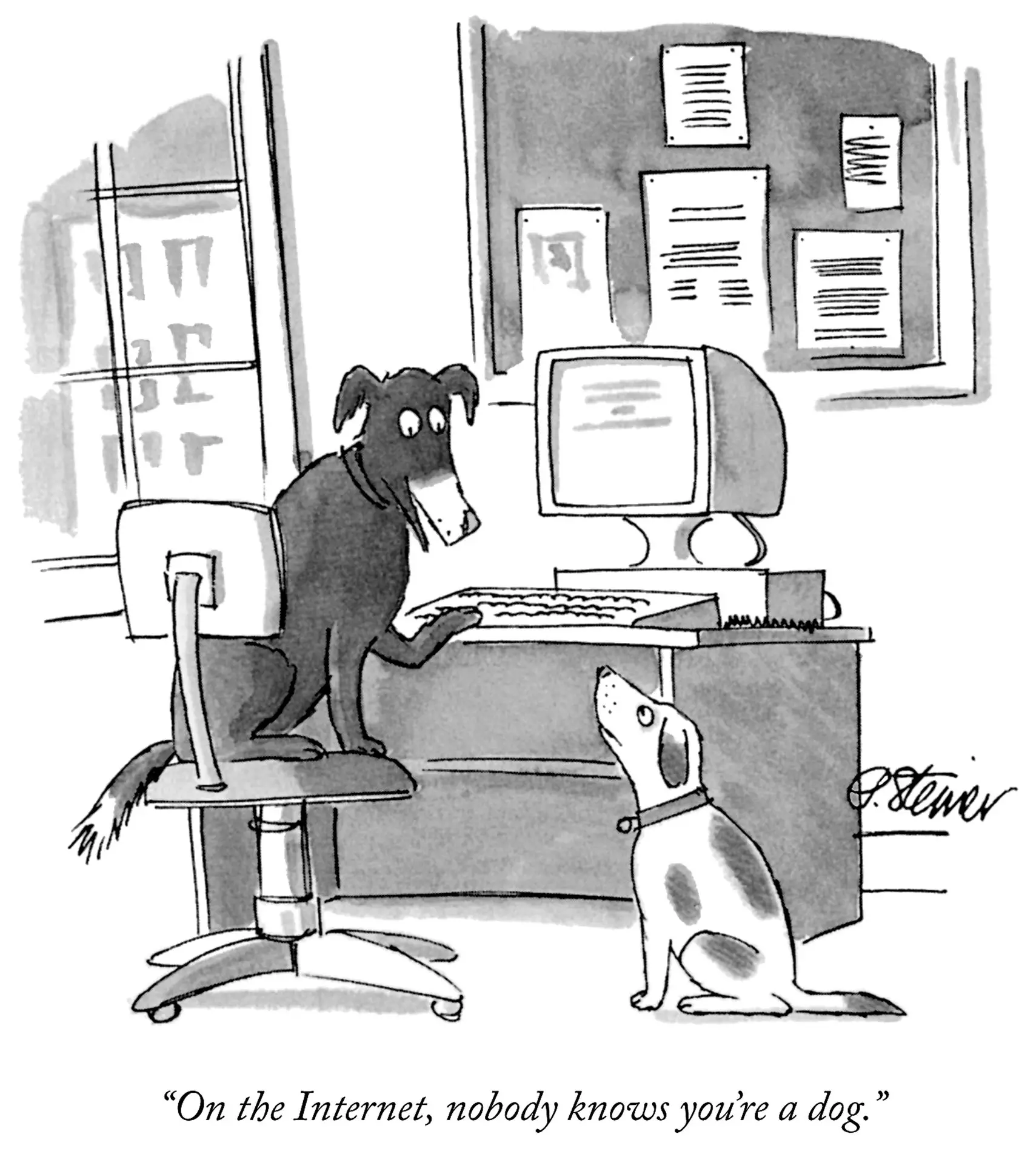 A dog, seated at a desk in front of a computer, stares down at another dog. It explains “On the Internet, nobody knows you’re a dog.”