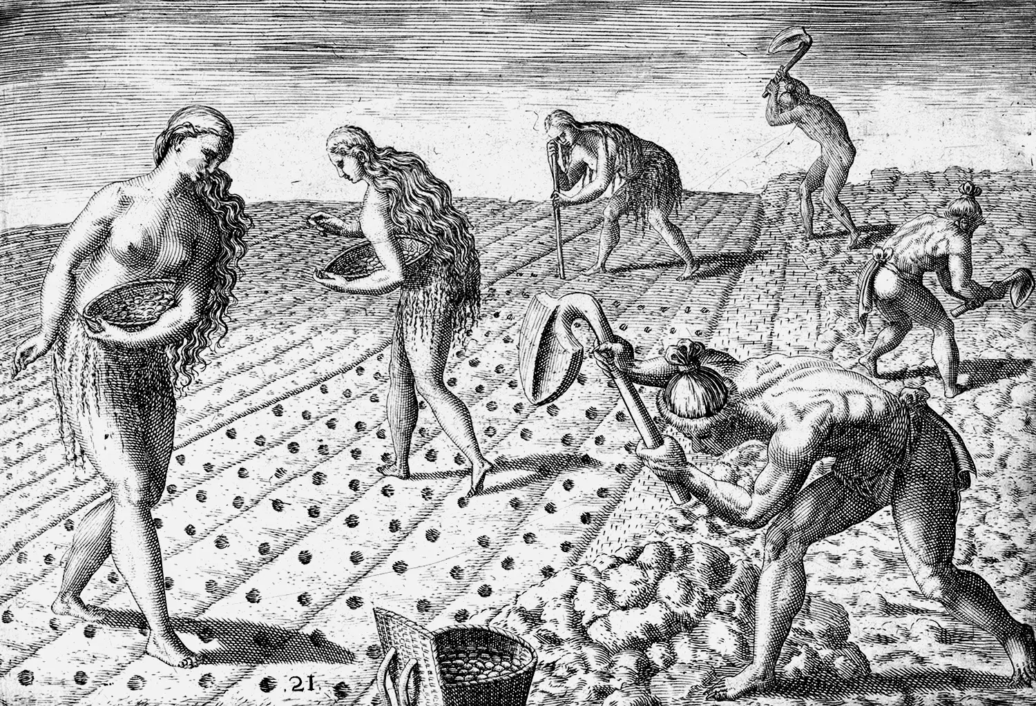 Barely clad men and women work a field. The women carry baskets of seeds and are sowing them in the field, while the men are bent over, laboring on the land with shovels.
