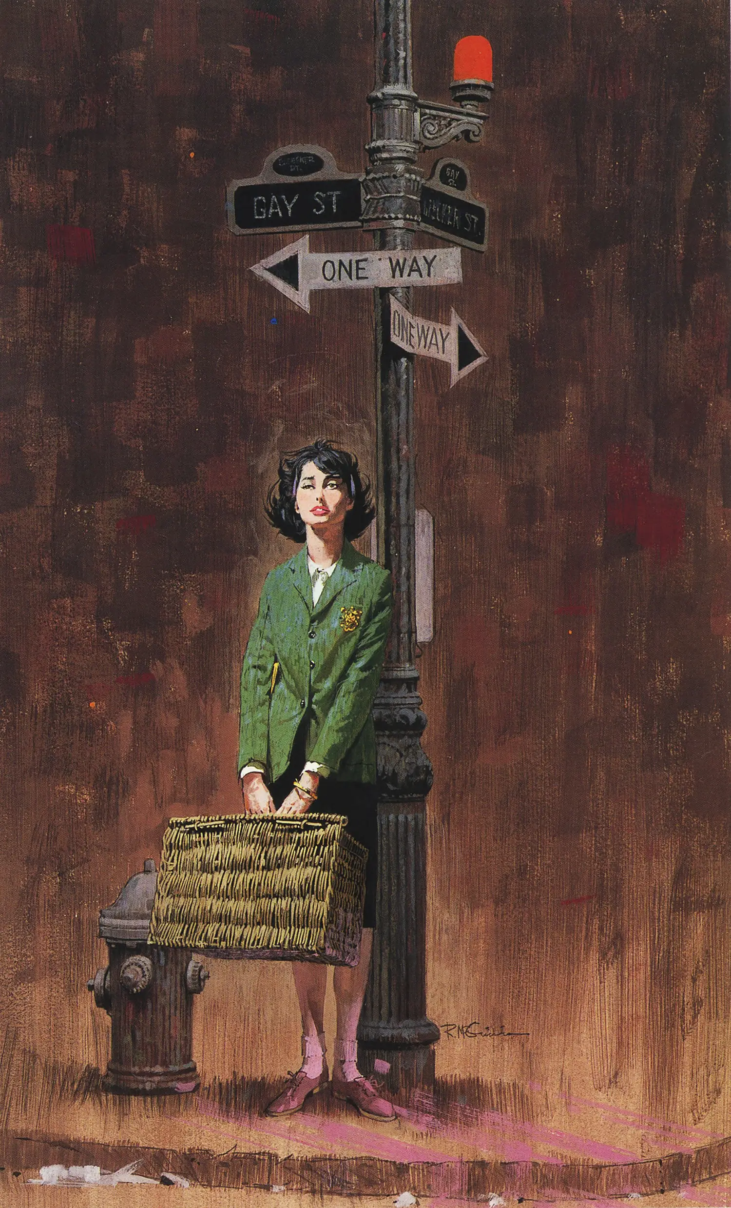 A woman standing alone in an urban environment at night, clutching a woven basket. She is wearing bright red lipstick and a green coat. 