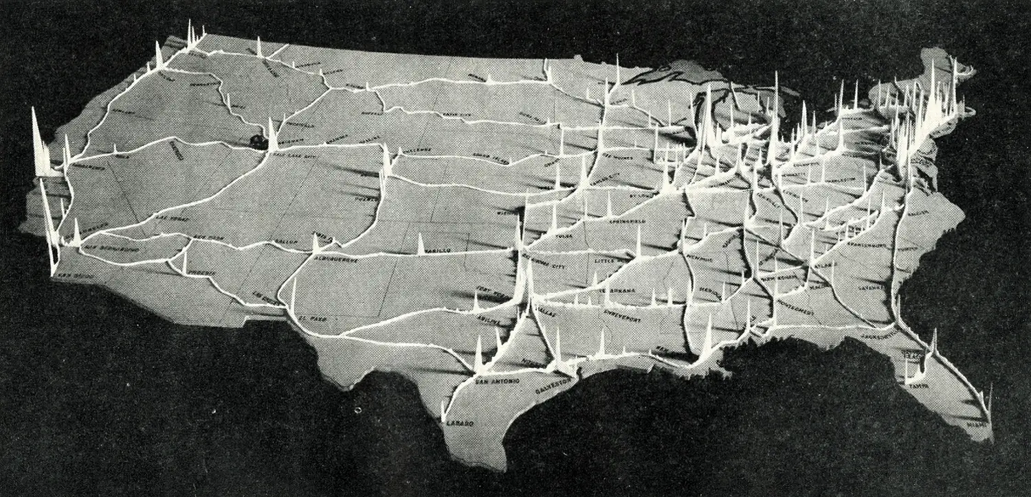 A model relief map of the United States showing lines at varying heights tracing the streets, with heights particularly pronounced near urban centers.
