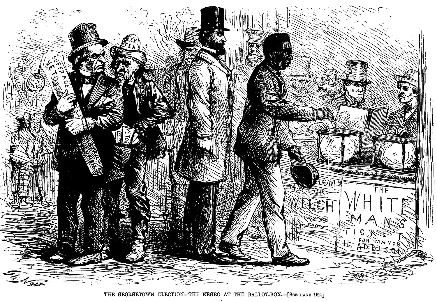 Cartoon of a black man placing a ballot, surrounded by white men grimacing at him and staring at him distrustfully. A banner says “The White Man’s Ticket.”