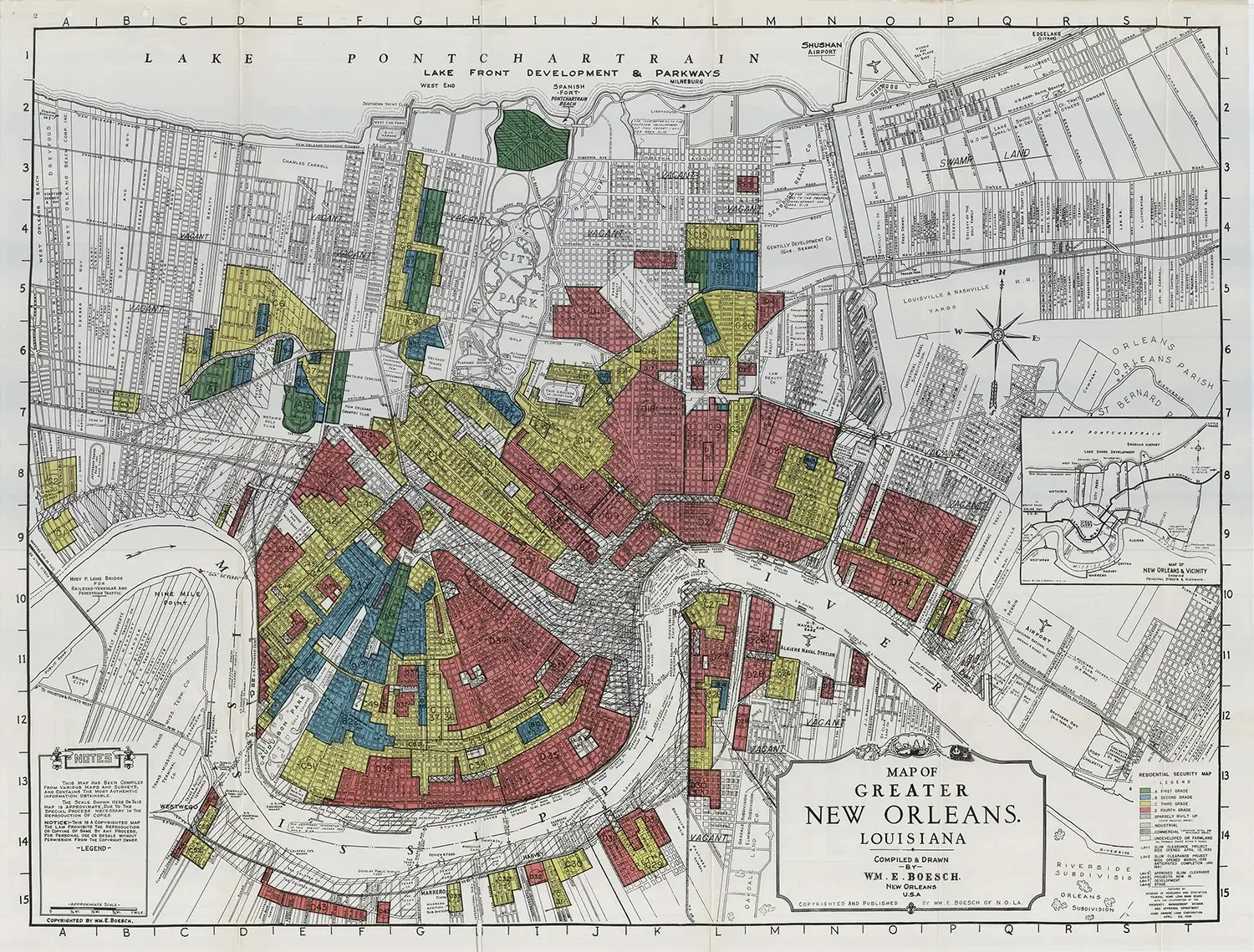 A map of New Orleans, showing the city divided into zones colored green, yellow, blue, and red.