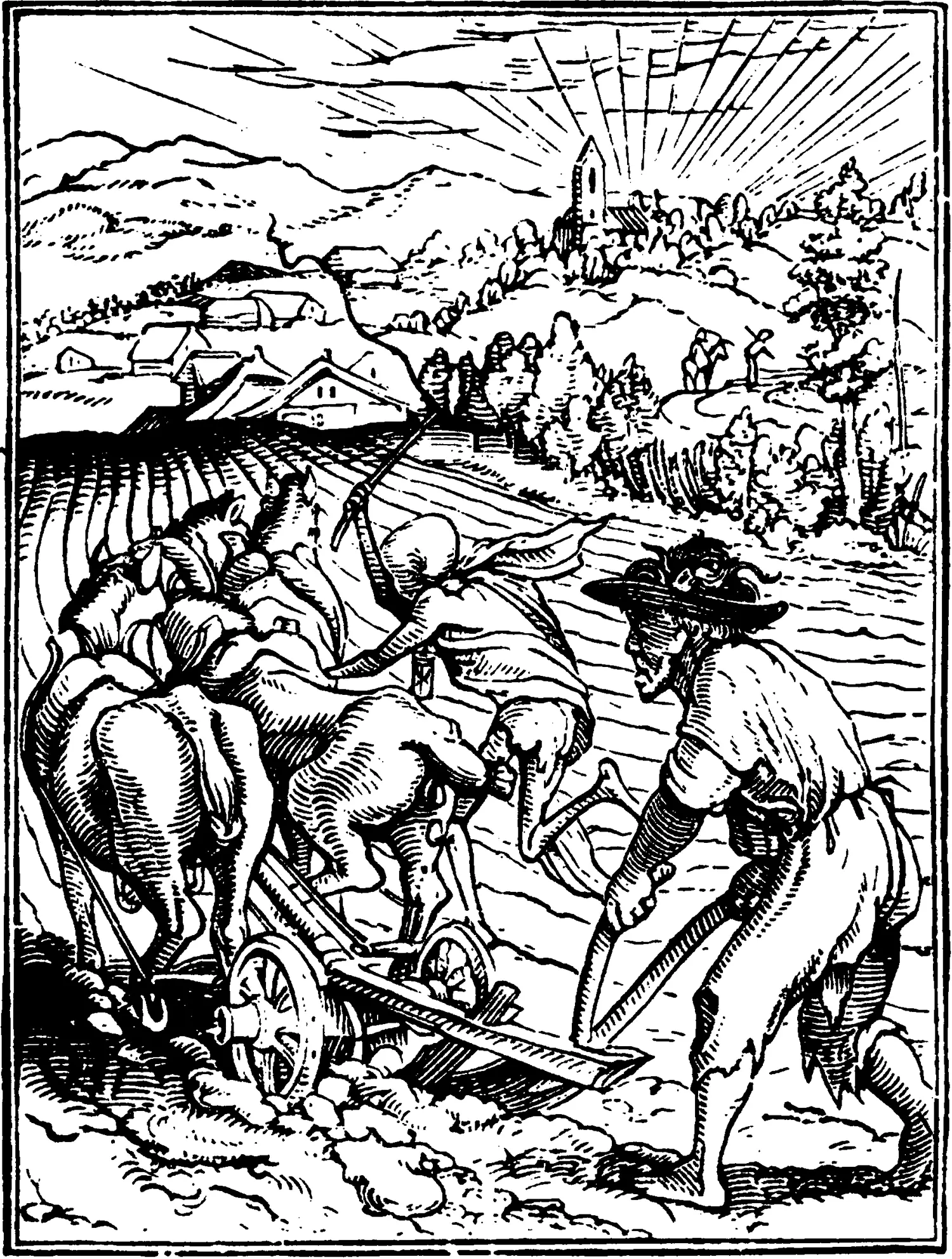 A man plows a field with a horse-drawn plow. A skeleton runs alongside, whipping the horses.