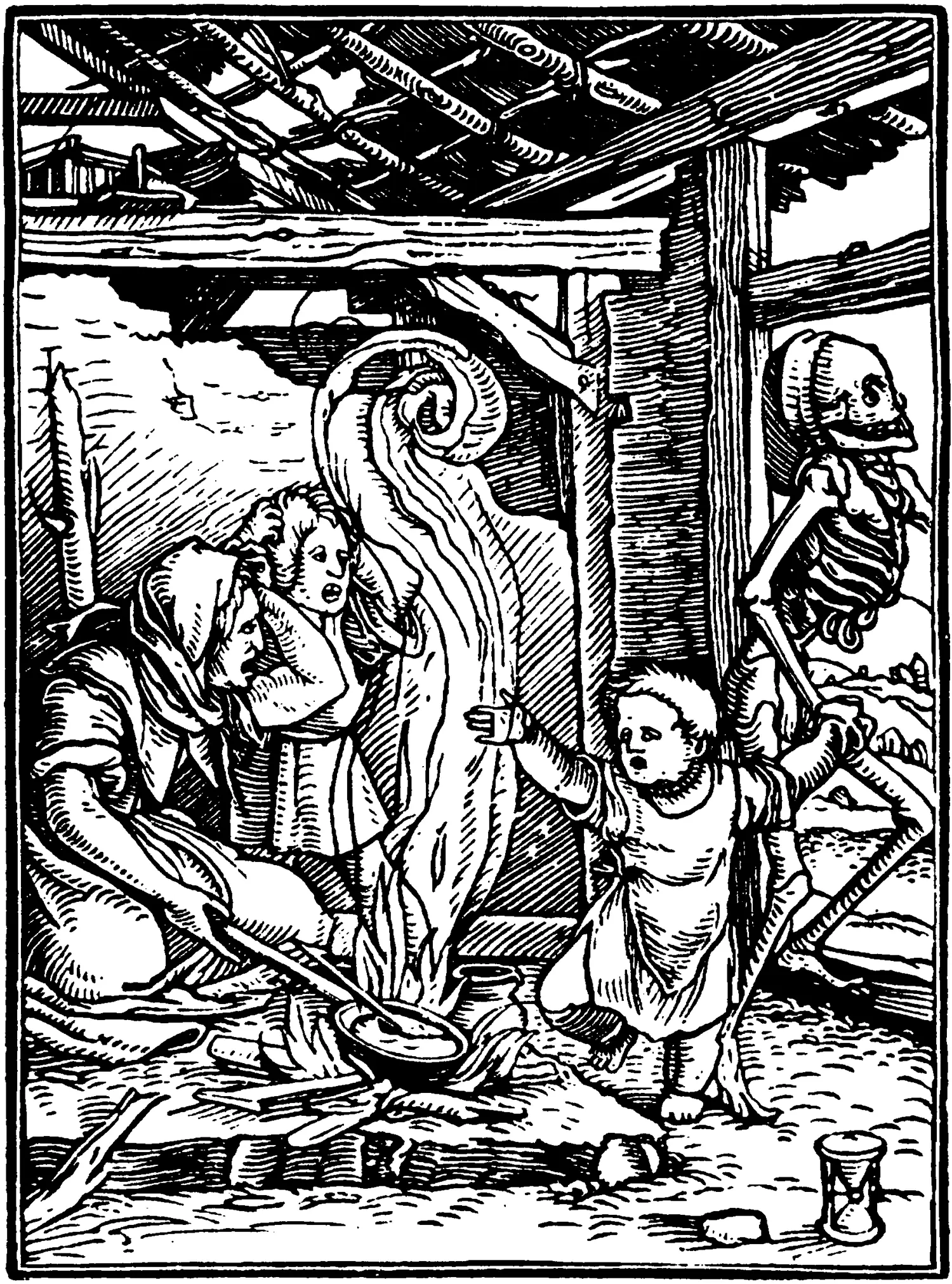 Two adults stare in distress as a skeleton leads their small child out of the building.