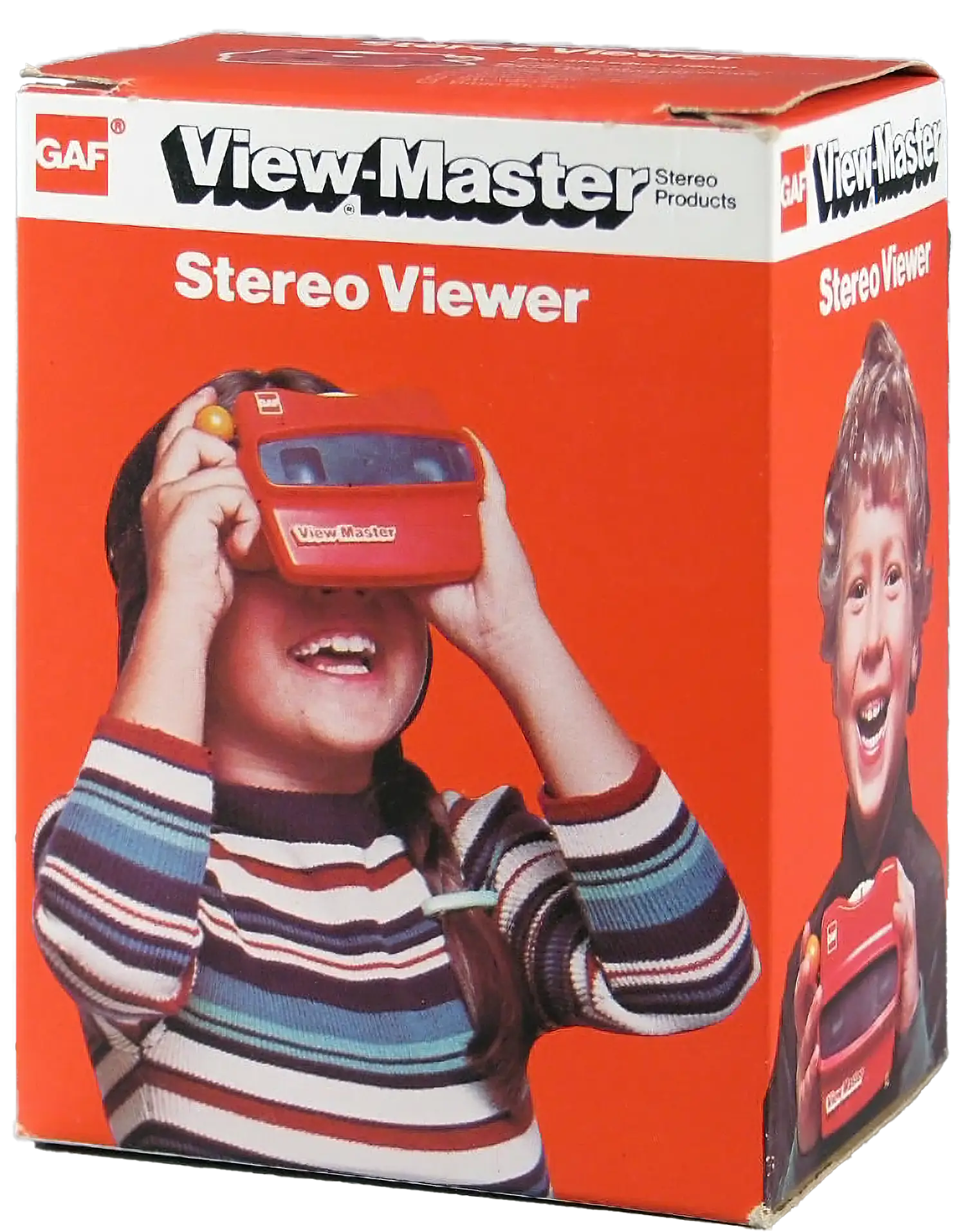 A box for the View-Master stereo viewer today, on which is a smiling child looking through the plastic View-Master device.