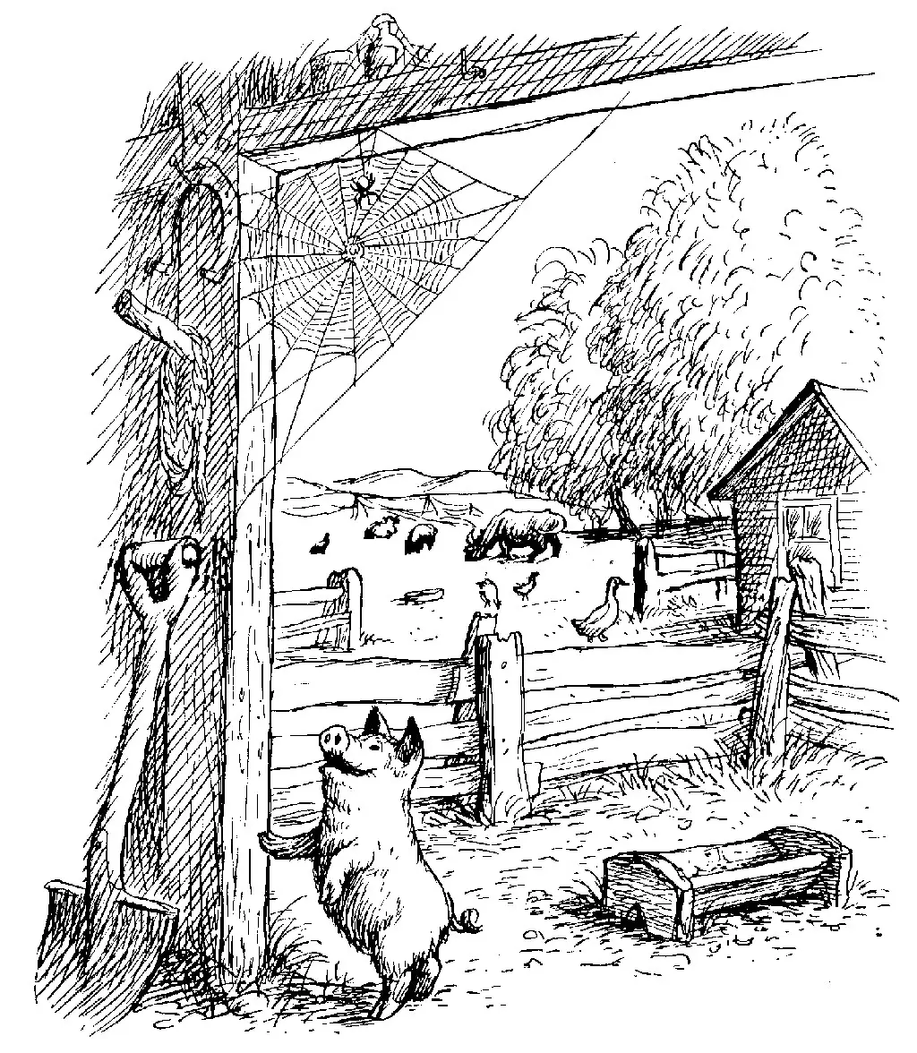 A scene from Charlotte’s Web. A large spider’s web stretches across the entrance to a barn. A small piglet smiles and looks up at the spider in the web.