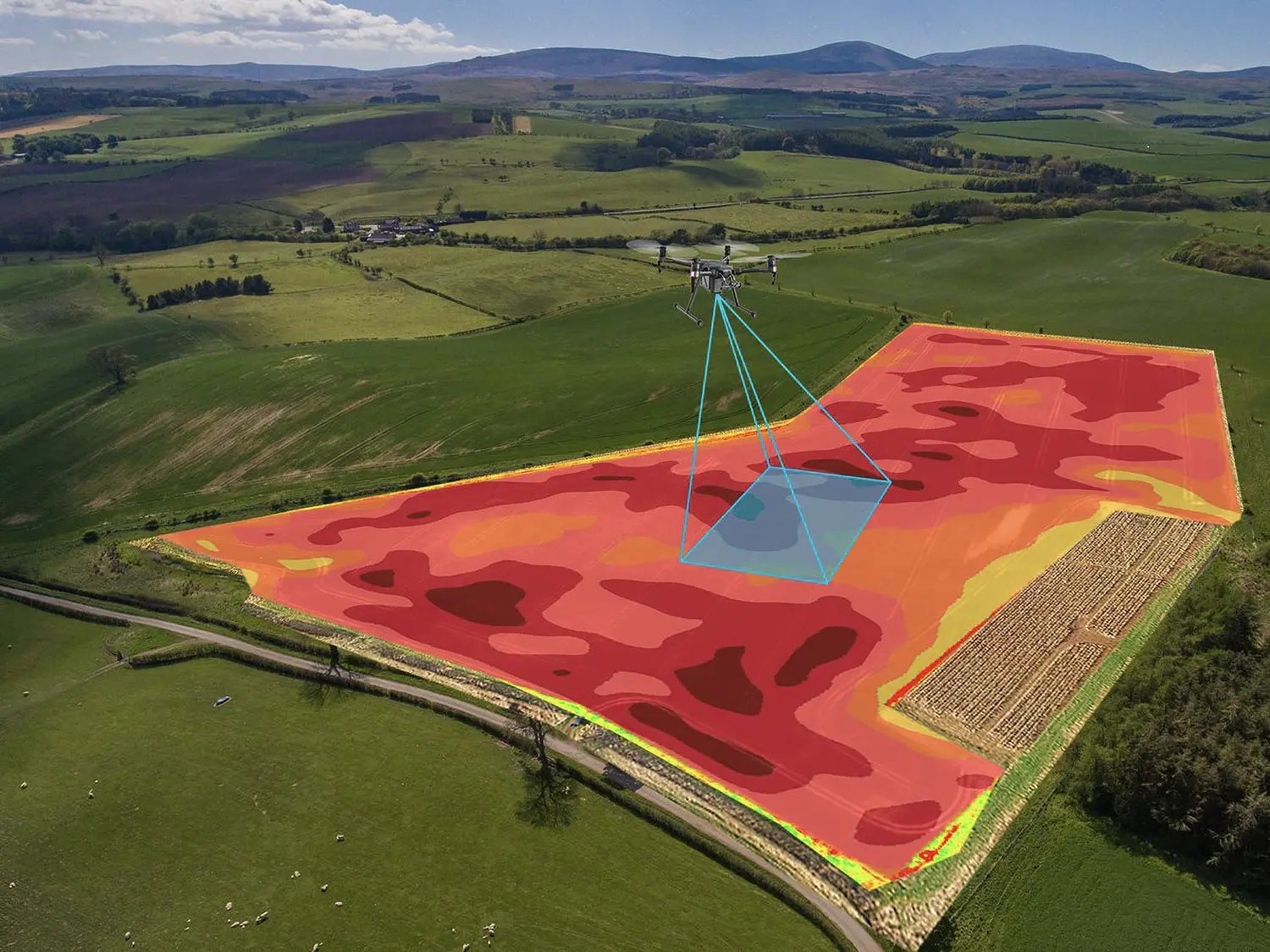 A drone scans an agricultural field. The field is covered by a surface of spatialized data.