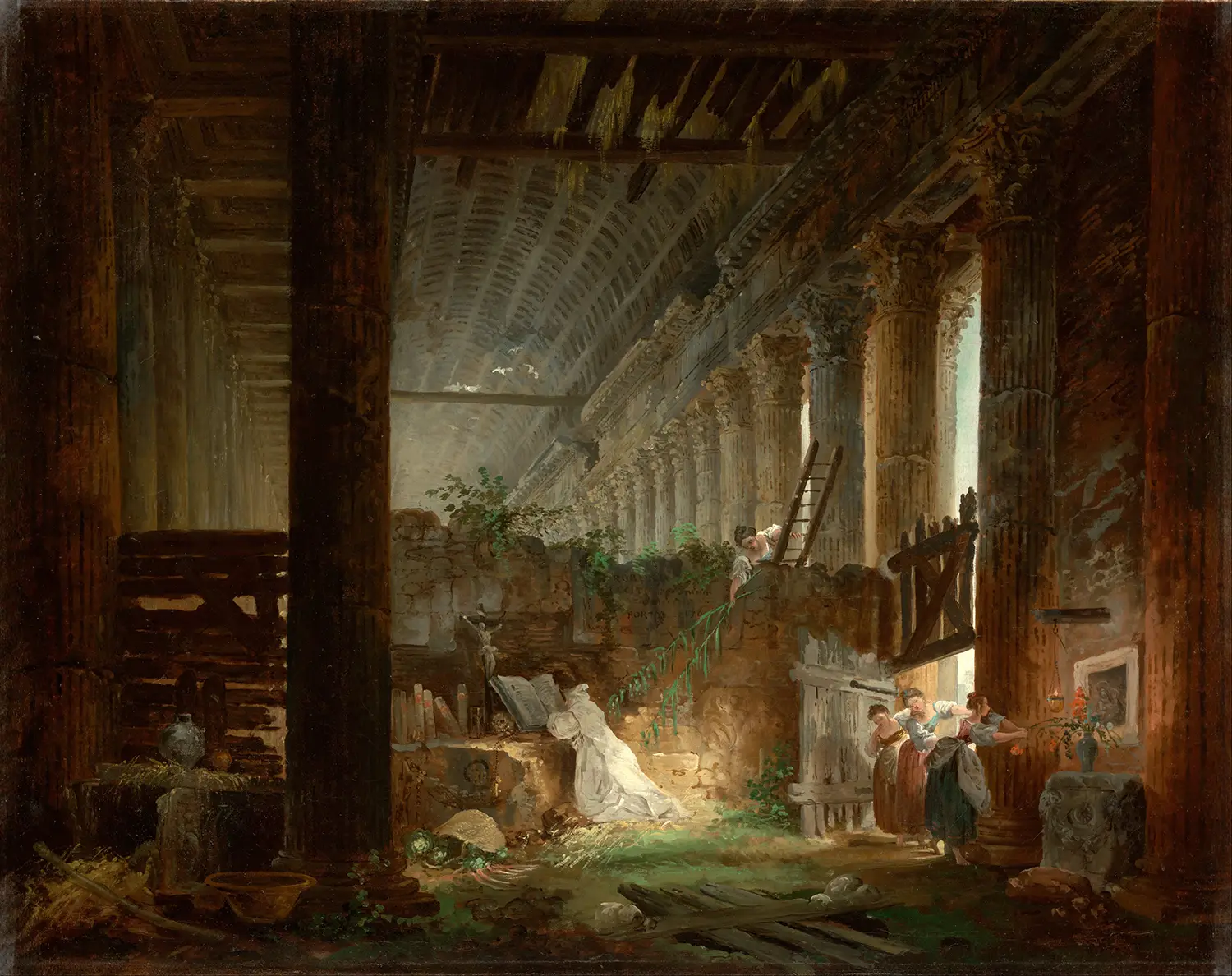 A vast, once opulent Roman temple, is now seen in a state of decay, populated by plants, roosting birds, and a hermit who is praying at a makeshift altar. Behind him, three women are sneaking to steal his flowers. The painting evokes the feeling of a once great civilization now lost to time.
