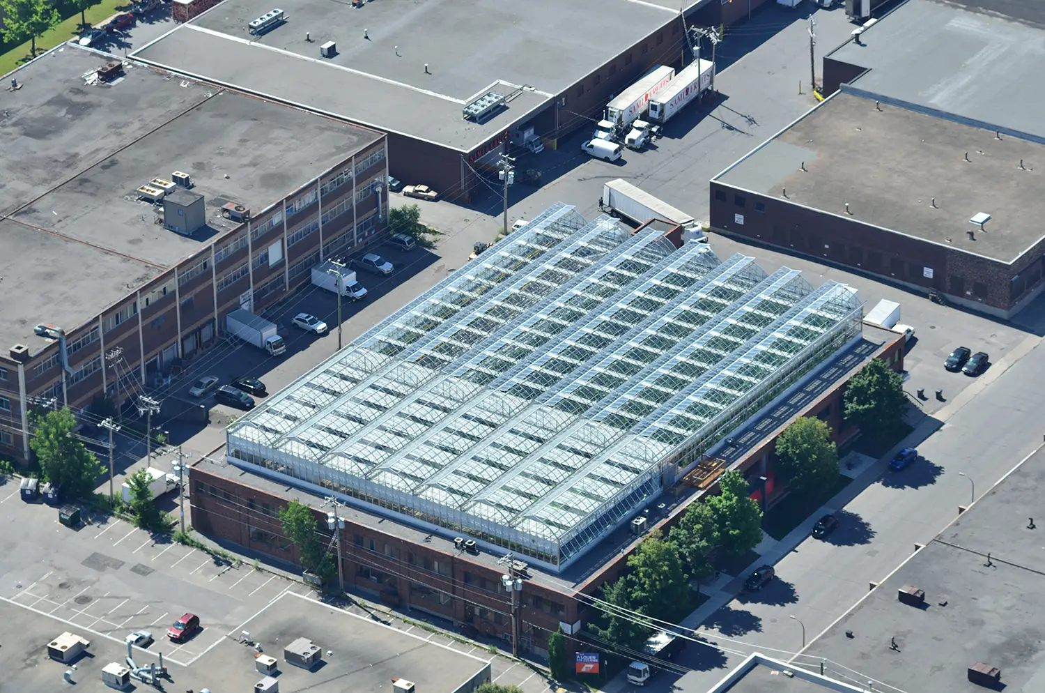 Rows of greenhouses mounted atop a warehouse.