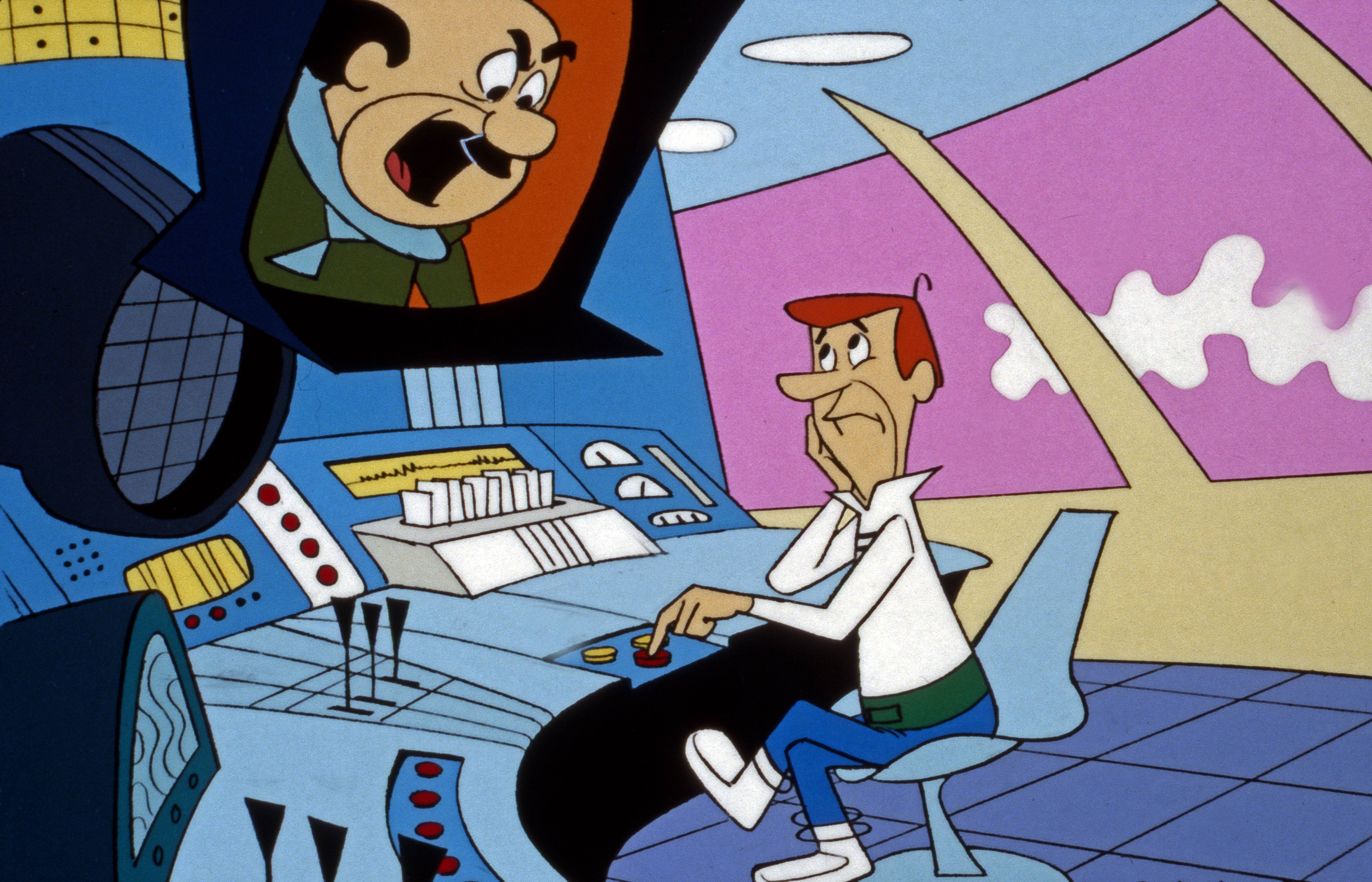 George Jetson sits in front of an elaborate console of buttons and levers, his finger hovering over a button, as he stares with resignation at his boss who is yelling at him from a screen overhead.