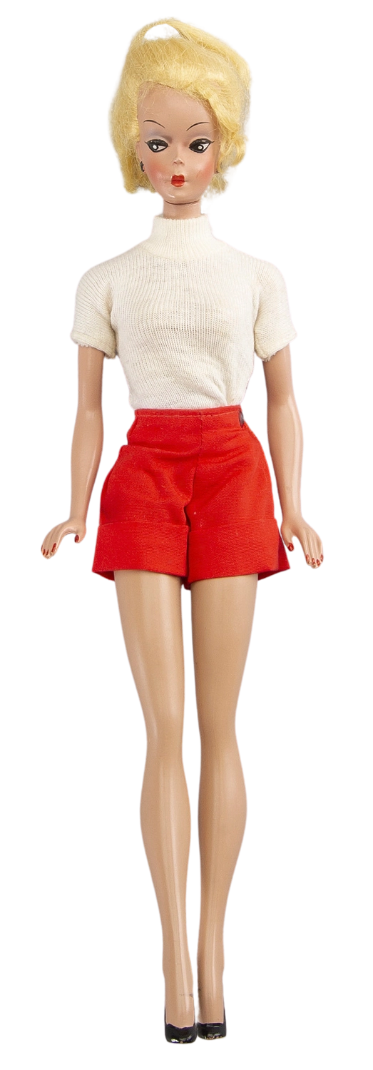 A Bild Lilli doll sporting a blode bob and exaggeratedly long legs.