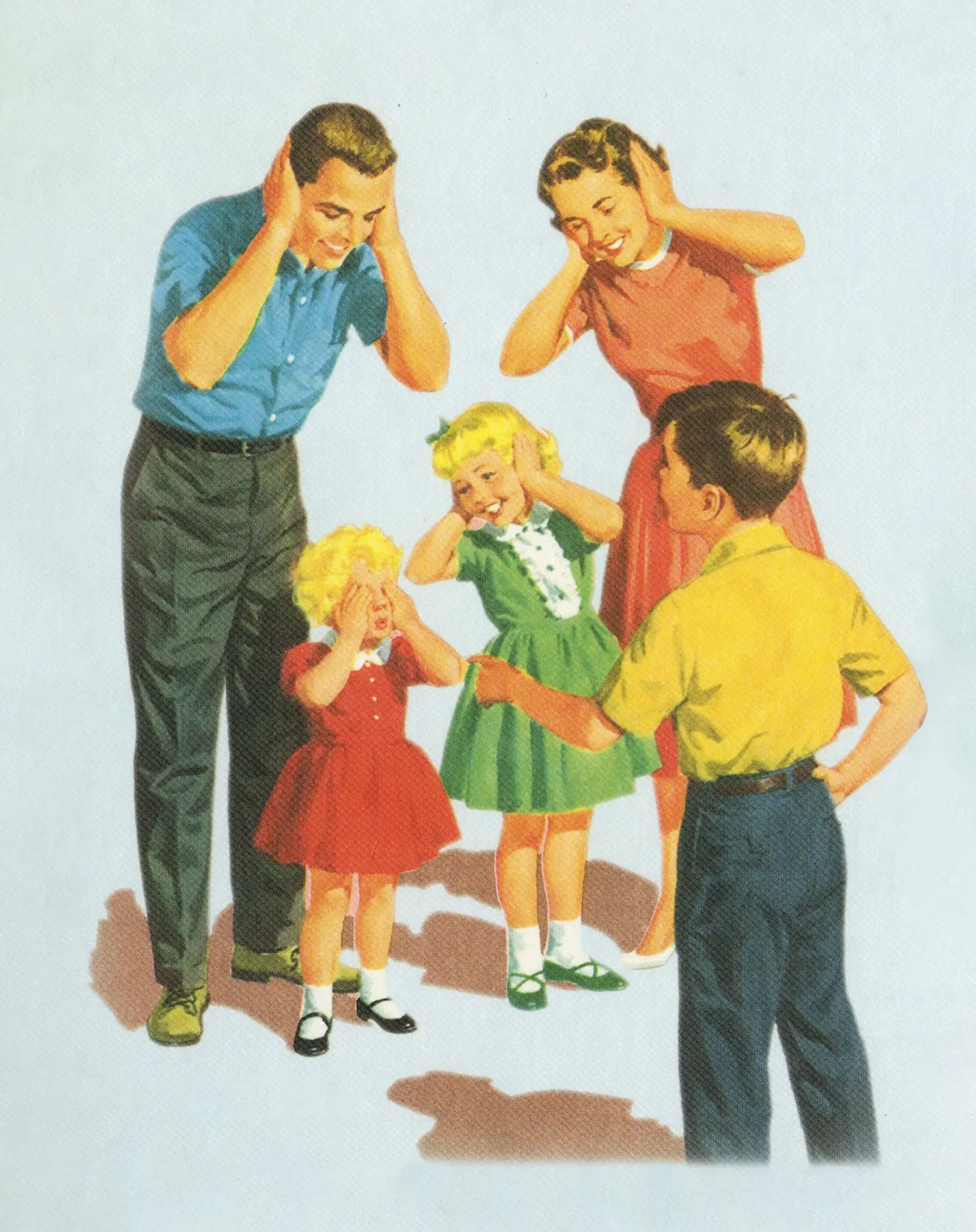 The Dick, Jane, and their three kids covering their eyes and ears.
